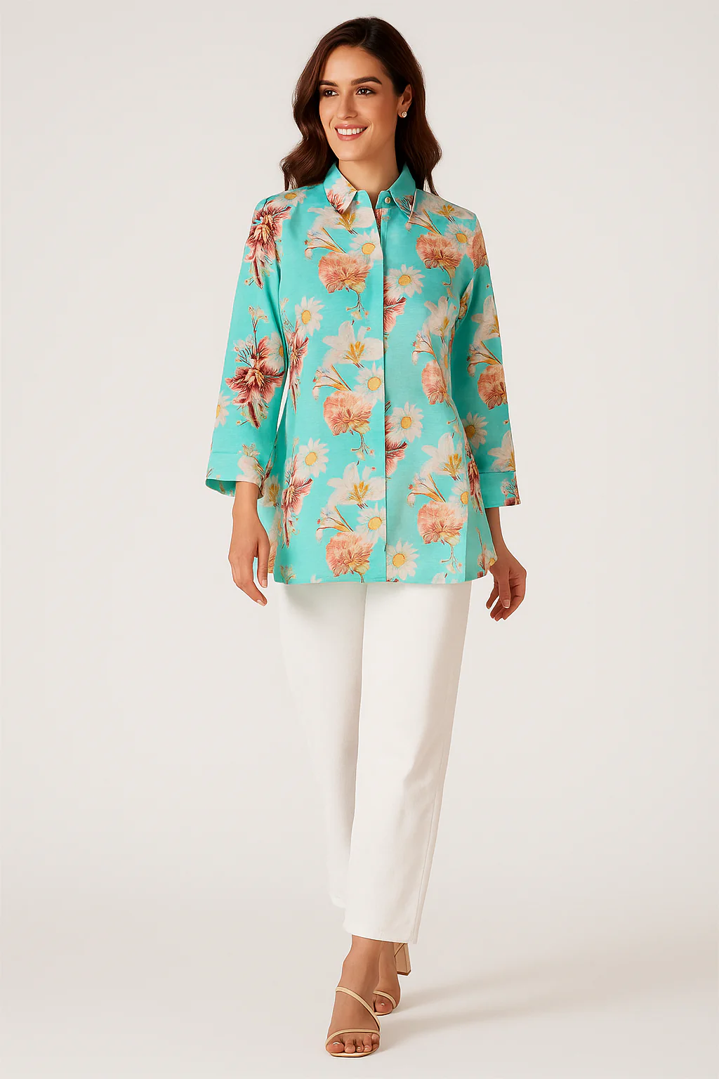 Lightweight Muslin Shirt Top in Turquoise Floral Design - Image 4