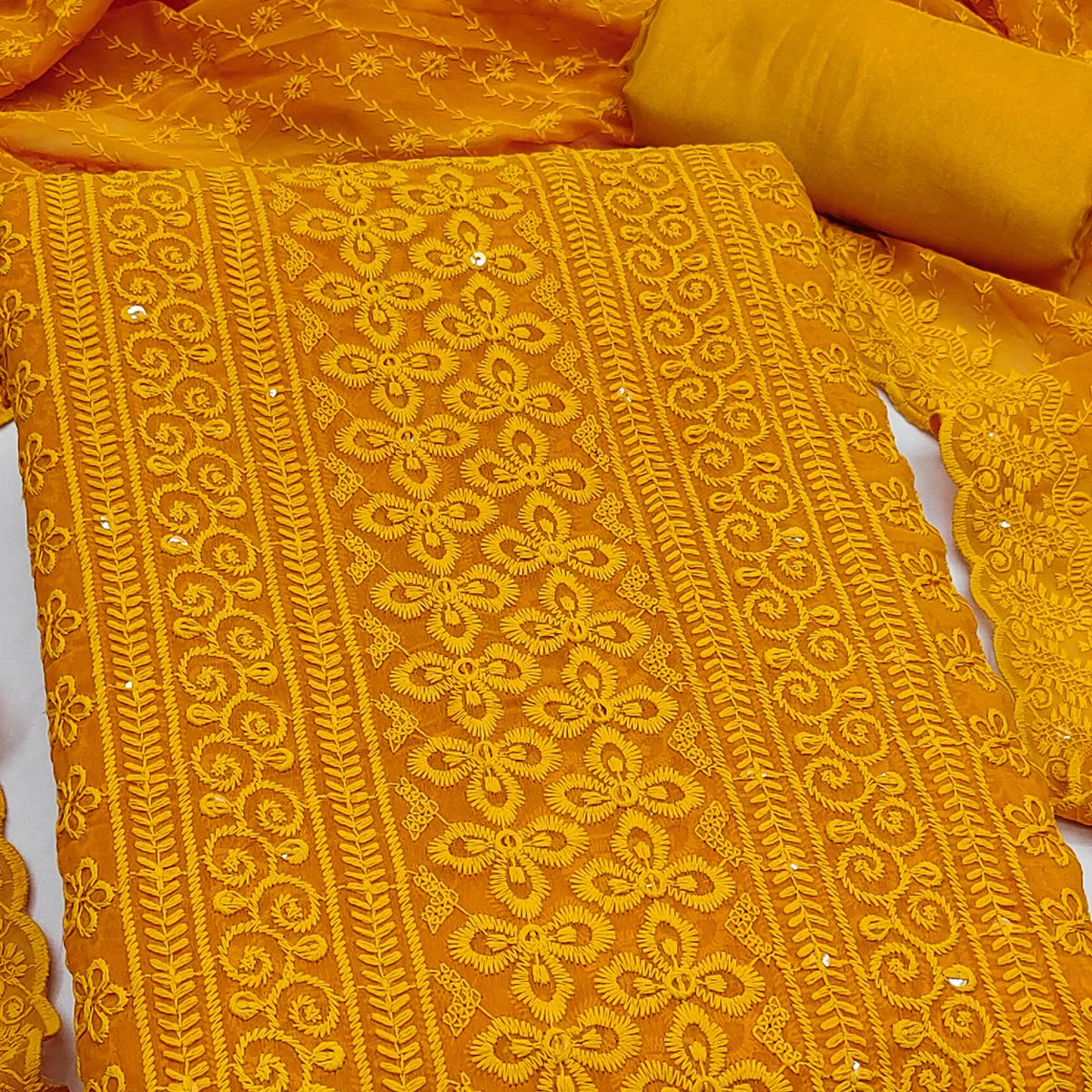 Lightweight Mustard Georgette Dress Material Adorned with Beautiful Floral Embroidery - Image 2