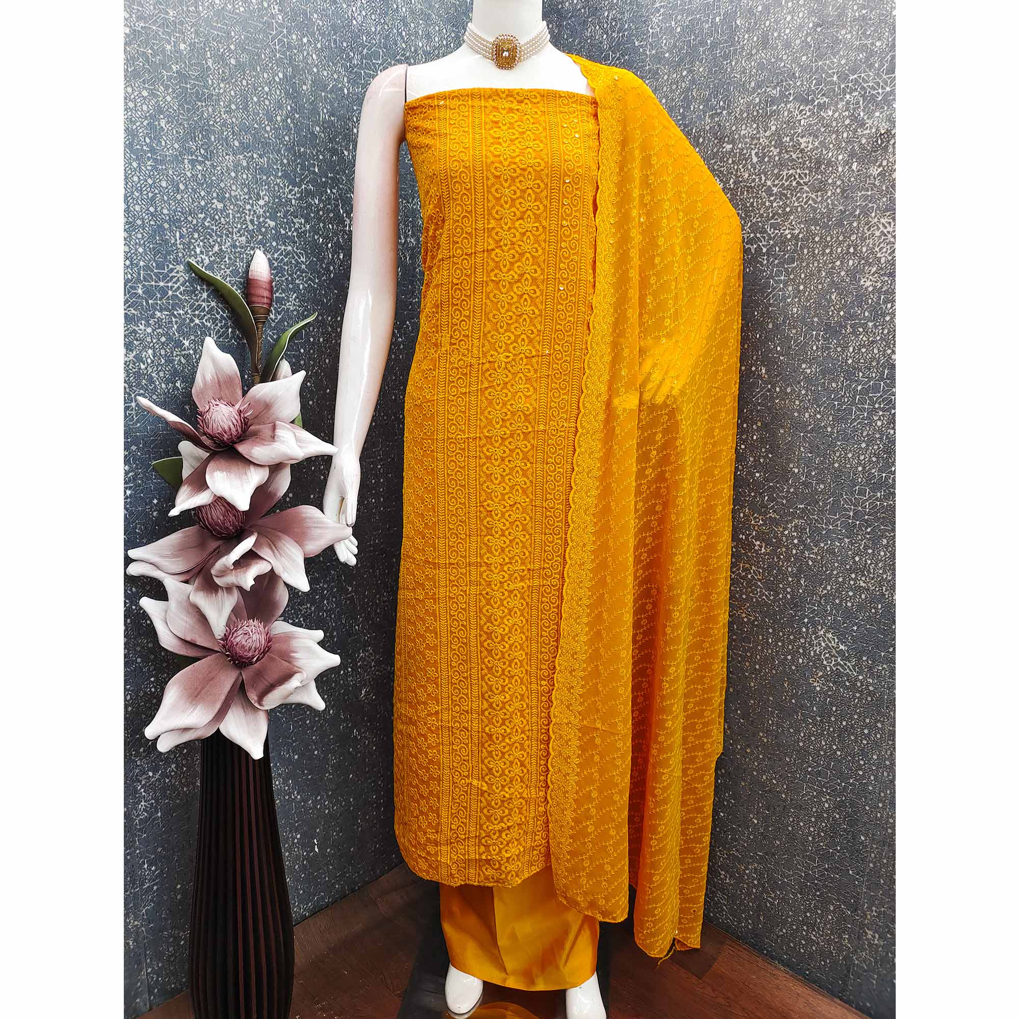 Lightweight Mustard Georgette Dress Material Adorned with Beautiful Floral Embroidery - Image 3