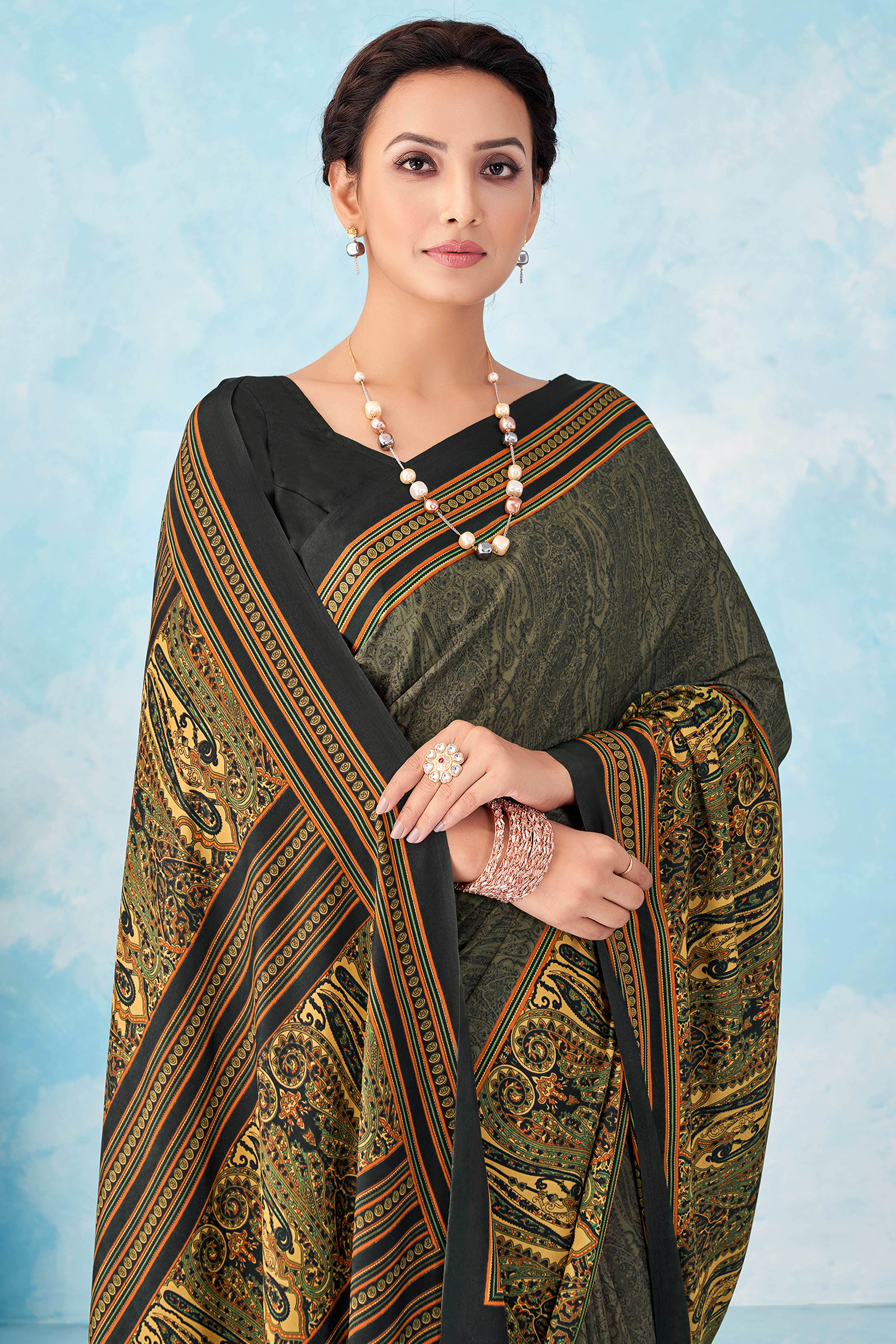 Lightweight Olive Paisley Printed Saree in Luxurious Silk Crepe - Image 3