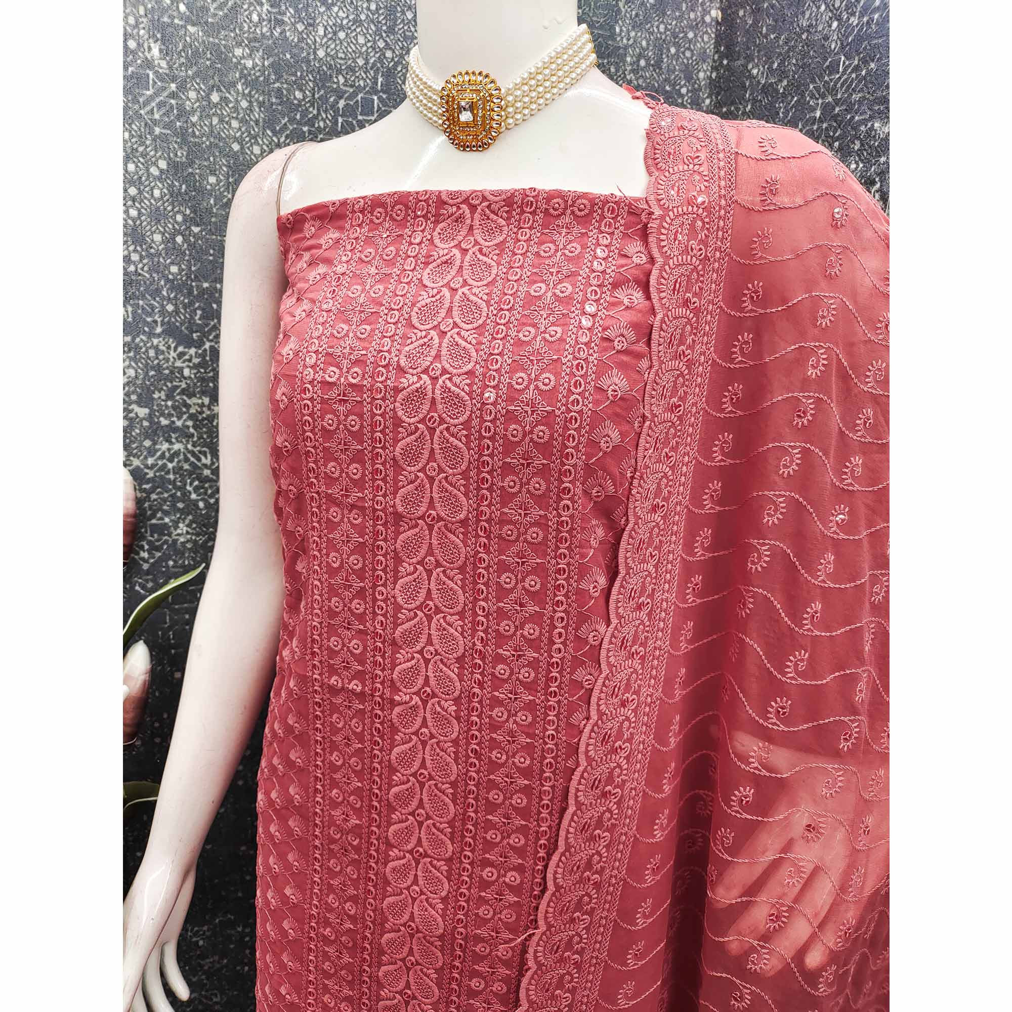 Lightweight Peach Georgette Dress Material Adorned with Beautiful Floral Embroidery - Image 4