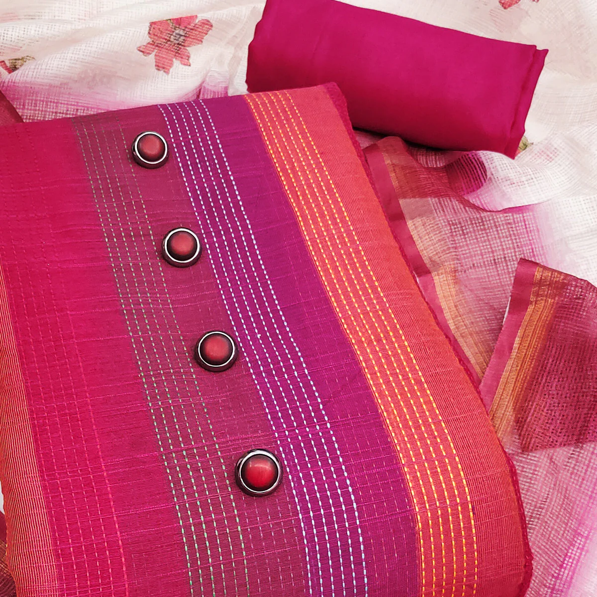 Lightweight Pink Pure Cotton Dress Material with Elegant Striped Finish - Image 3