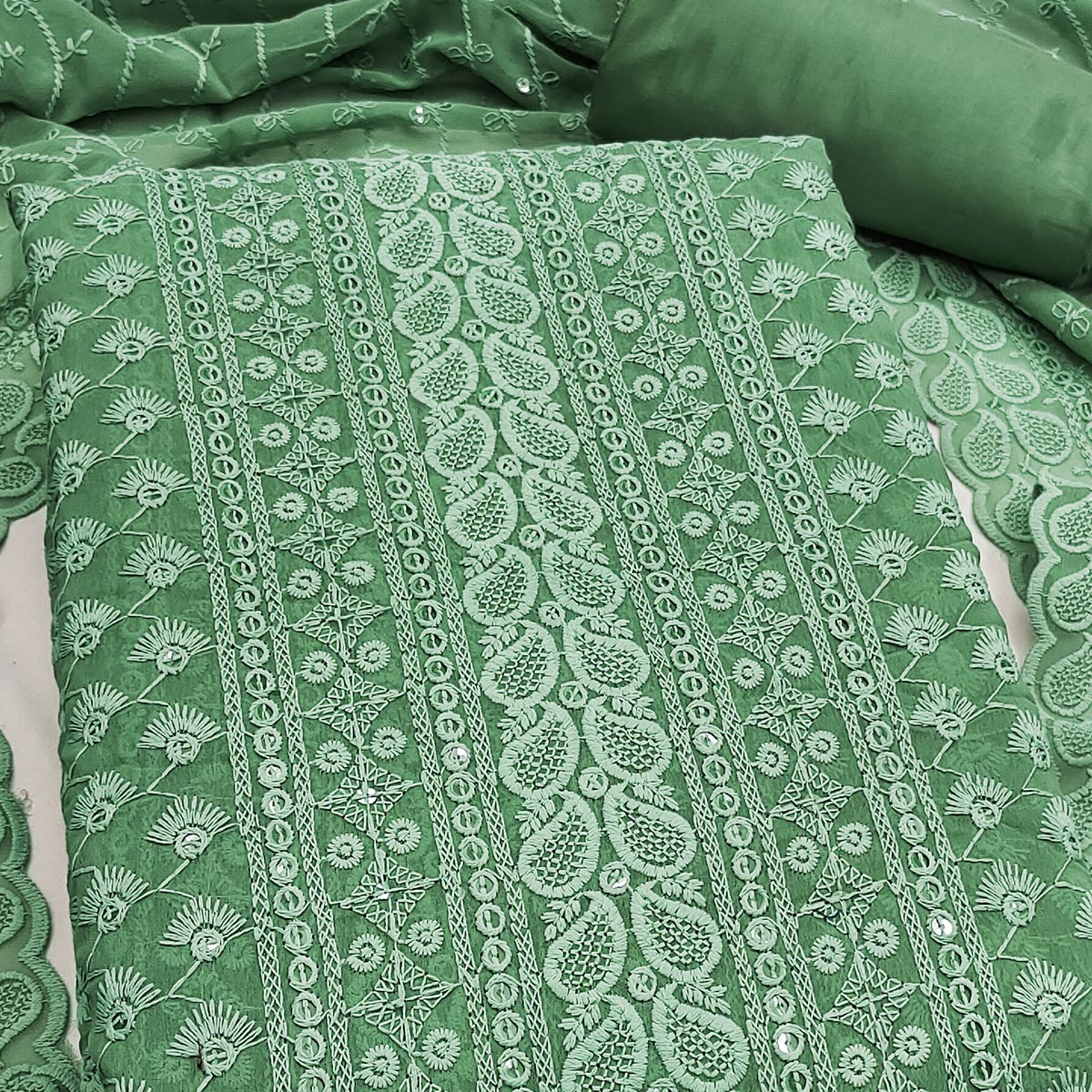 Lightweight Pista Green Georgette Dress Material Adorned with Beautiful Floral Embroidery - Image 2