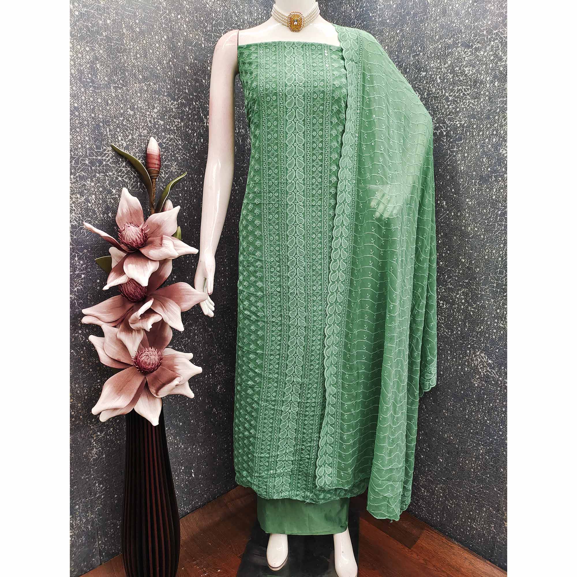 Lightweight Pista Green Georgette Dress Material Adorned with Beautiful Floral Embroidery - Image 3