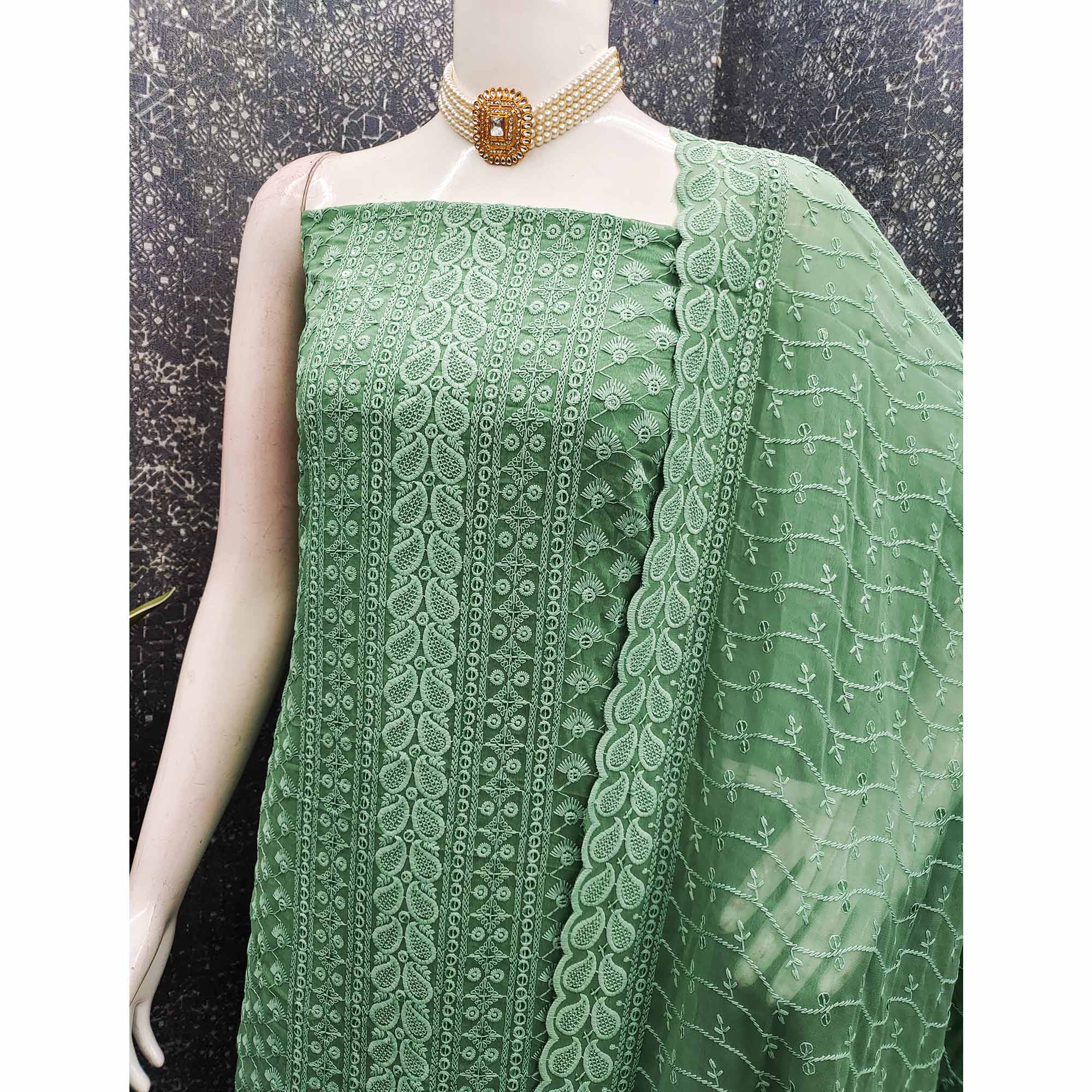Lightweight Pista Green Georgette Dress Material Adorned with Beautiful Floral Embroidery - Image 4