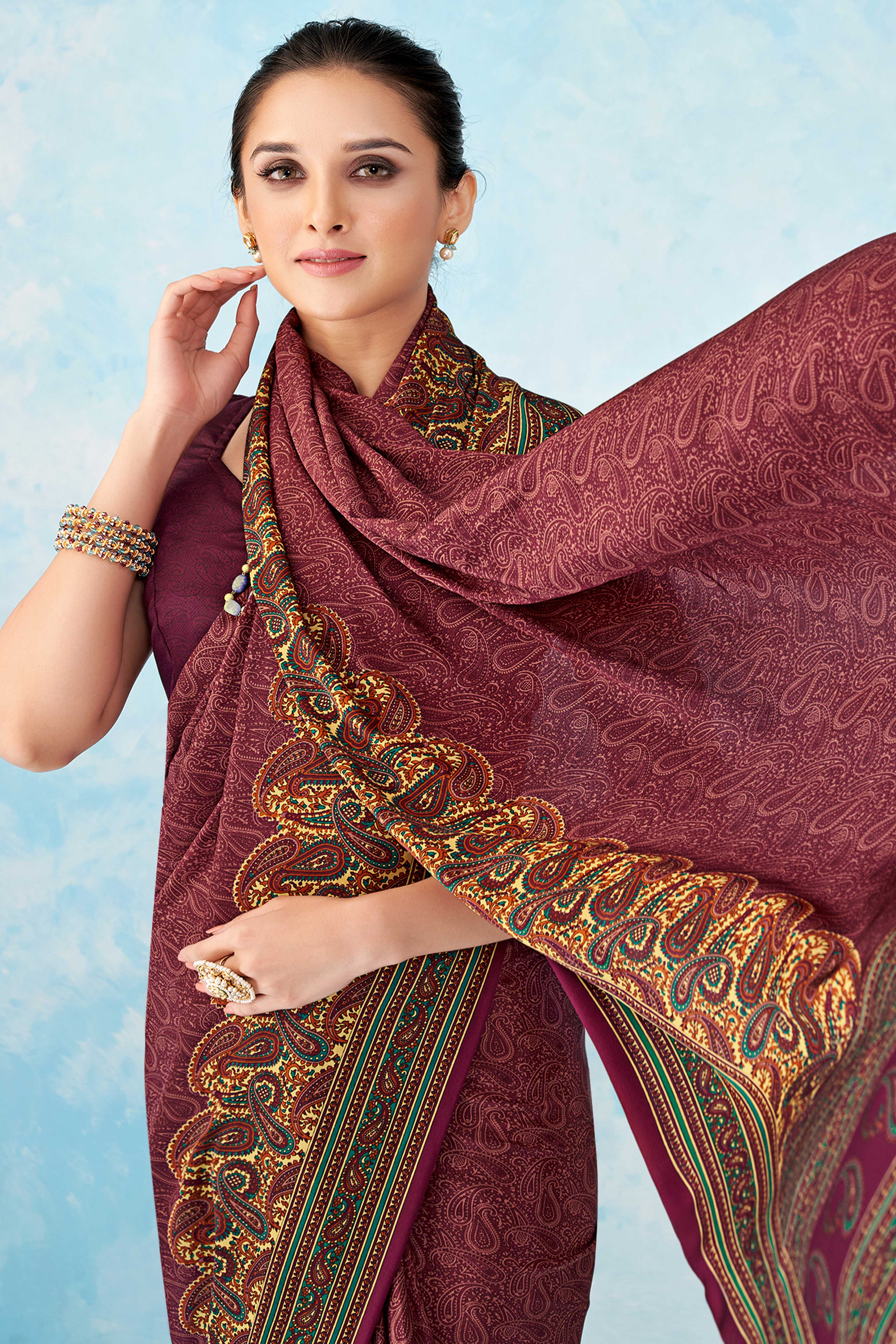 Lightweight Purple Paisley Printed Saree in Luxurious Silk Crepe - Image 3