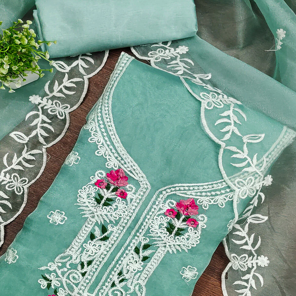 Lightweight Sea Green Organza Unstitched Suit Material with Intricate Floral Work - Image 2