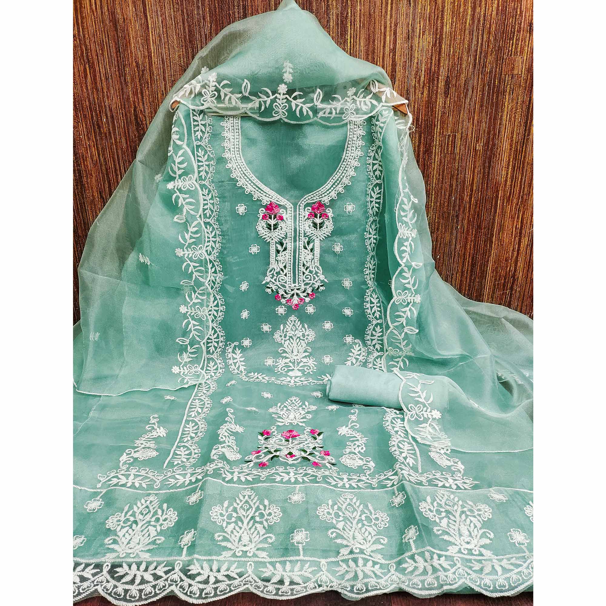Lightweight Sea Green Organza Unstitched Suit Material with Intricate Floral Work - Image 3