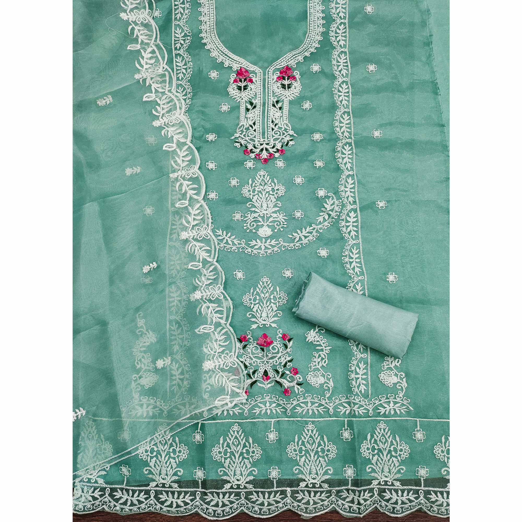 Lightweight Sea Green Organza Unstitched Suit Material with Intricate Floral Work - Image 4