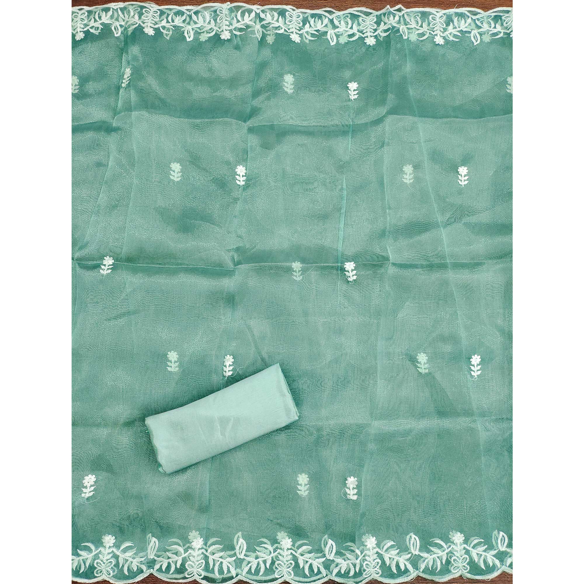 Lightweight Sea Green Organza Unstitched Suit Material with Intricate Floral Work - Image 5