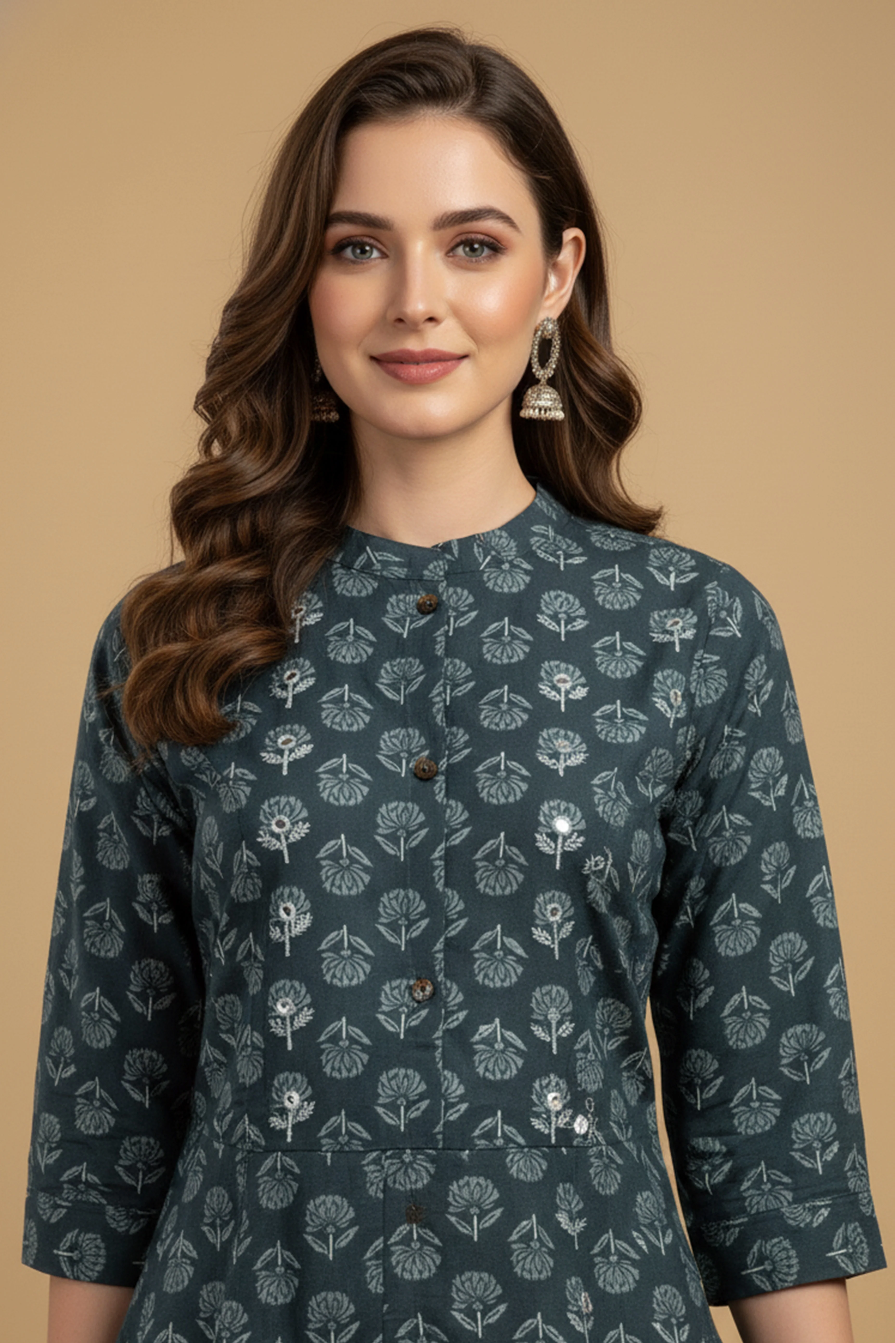 Lightweight Teal Floral Printed A-Line Kurti Perfect for Everyday Styling and Comfort - Image 2