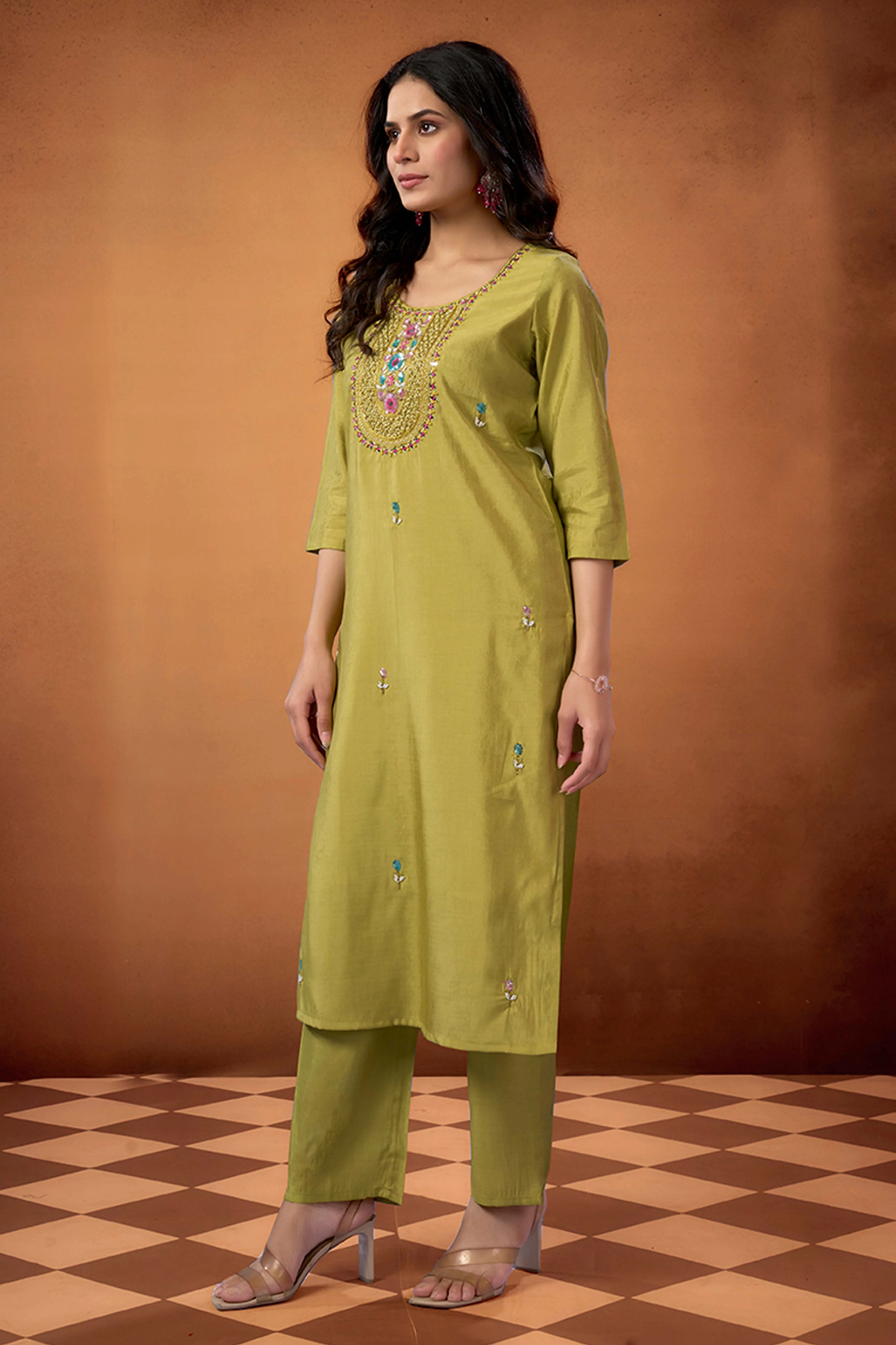 Lime Green Beads Work Embroidered Shimmer Straight Salwar Suit - Image 4