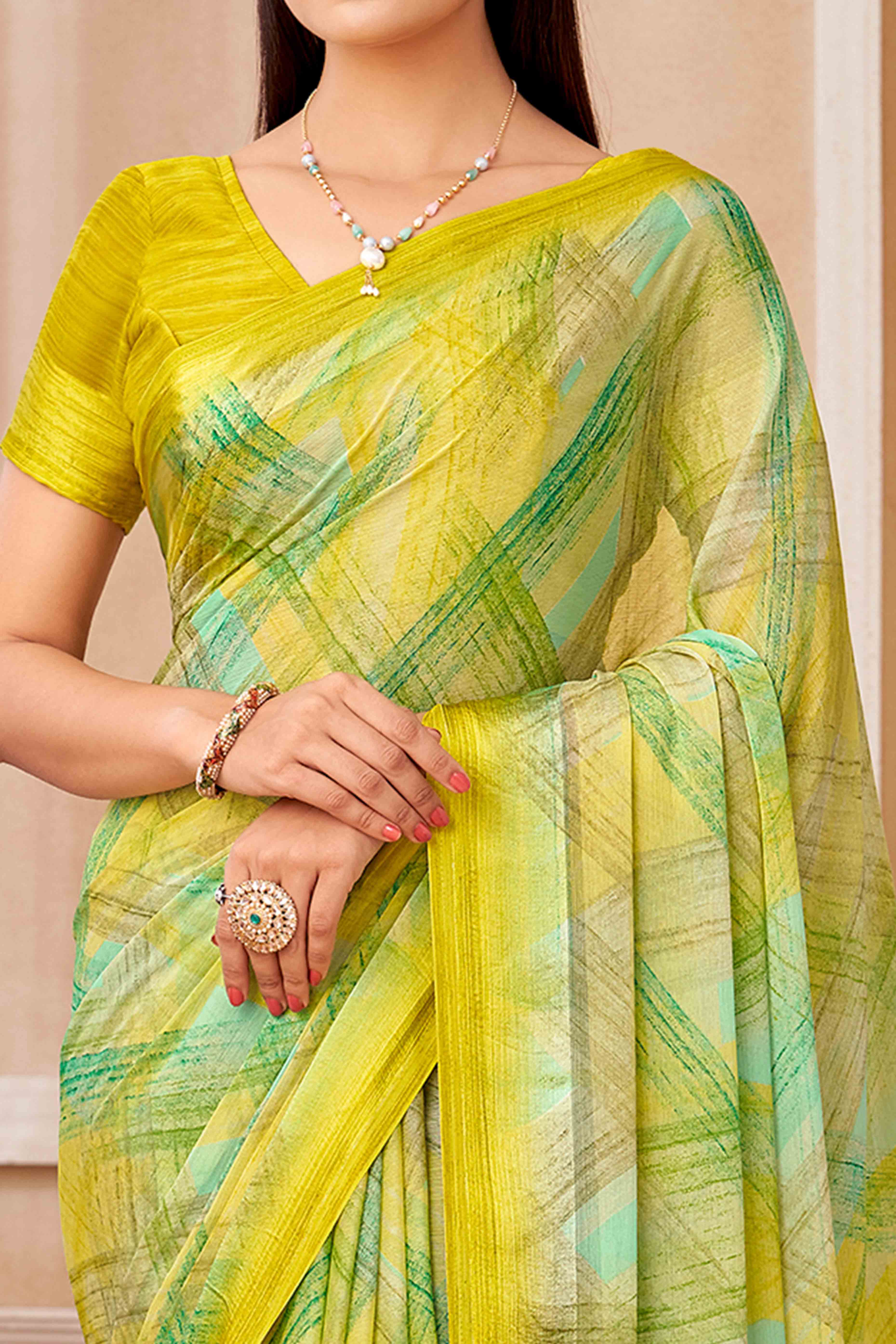 Lime Green Chiffon Saree With Delicate Prints & Elegant Satin Woven Border - Image 2