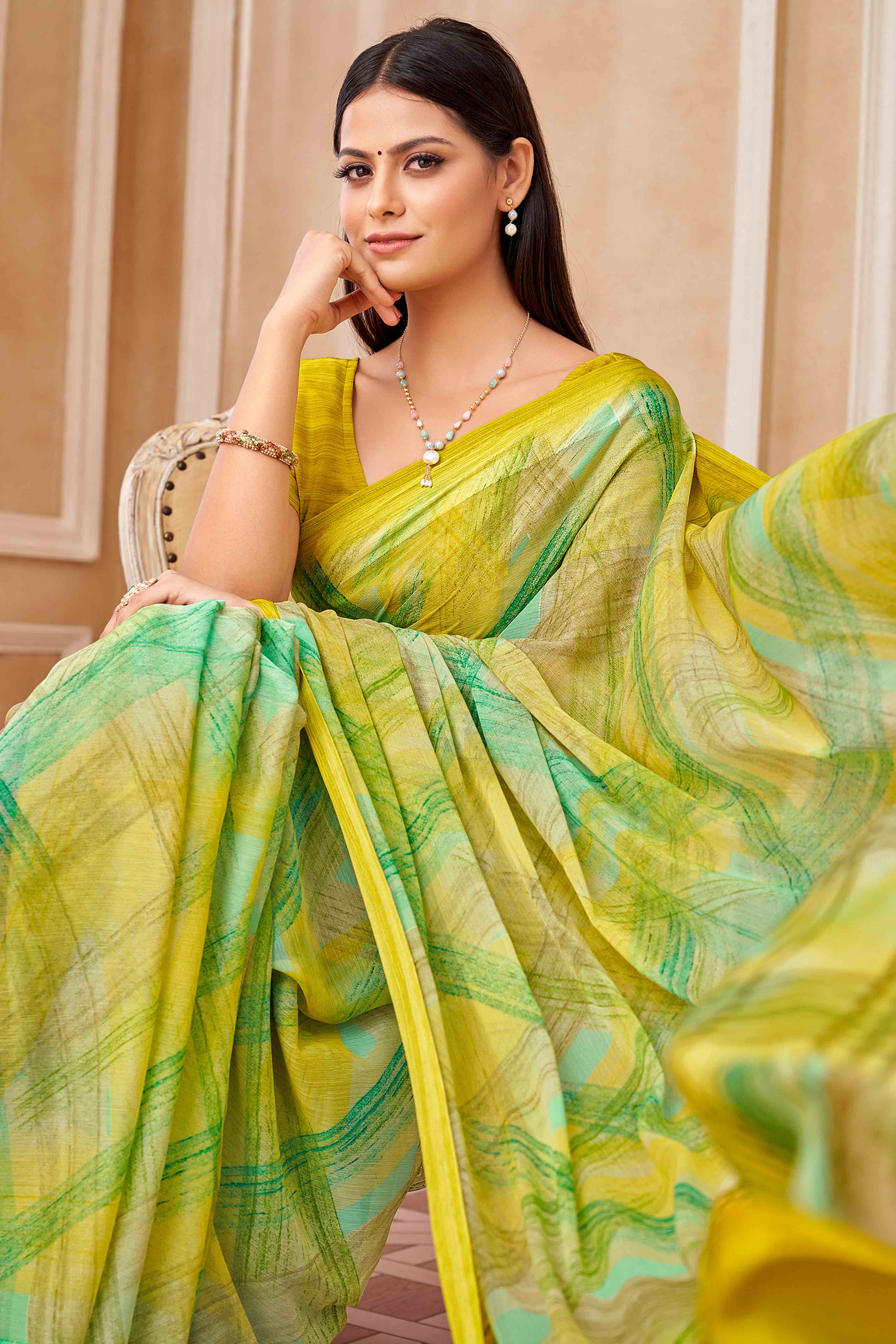 Lime Green Chiffon Saree With Delicate Prints & Elegant Satin Woven Border - Image 3