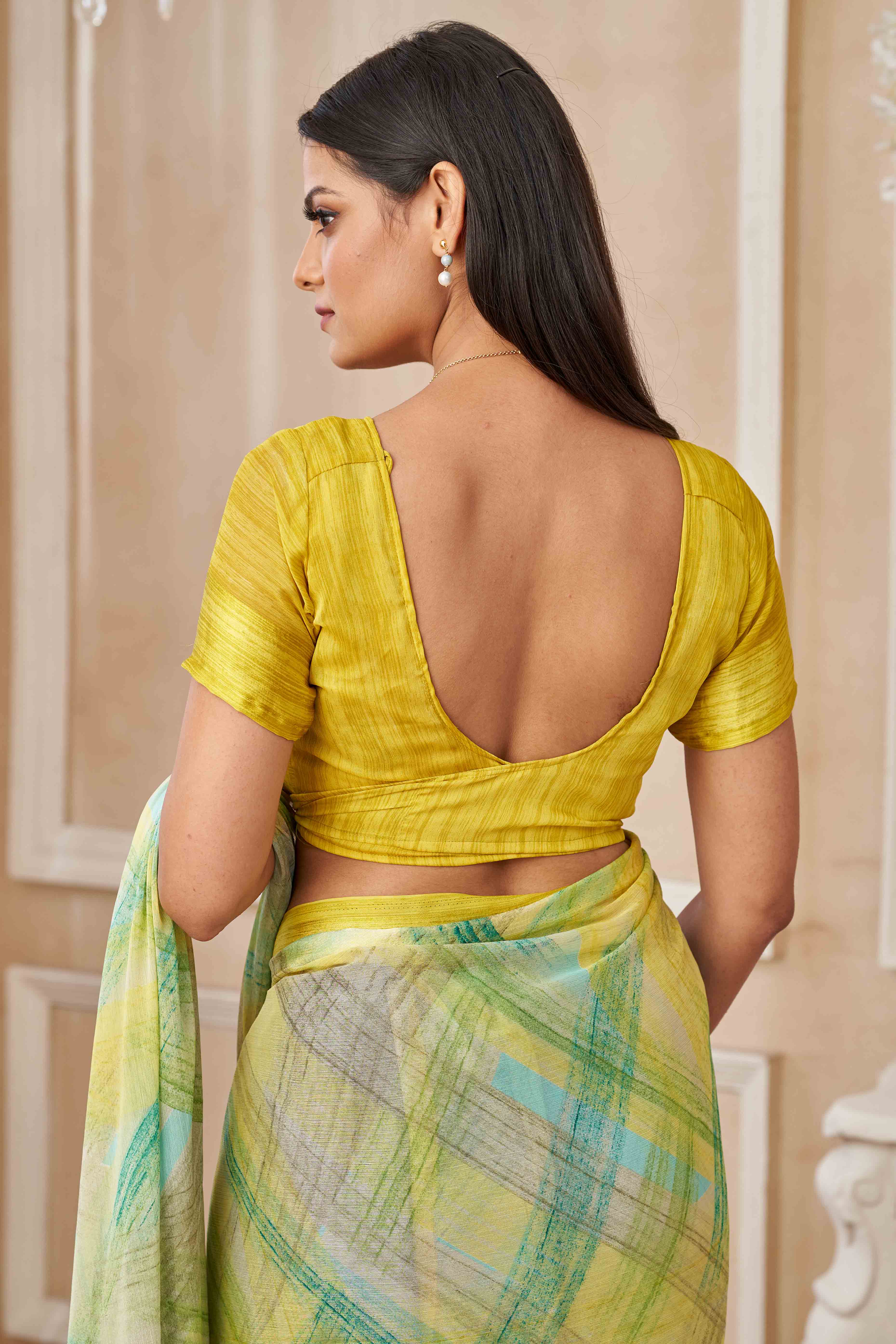 Lime Green Chiffon Saree With Delicate Prints & Elegant Satin Woven Border - Image 5