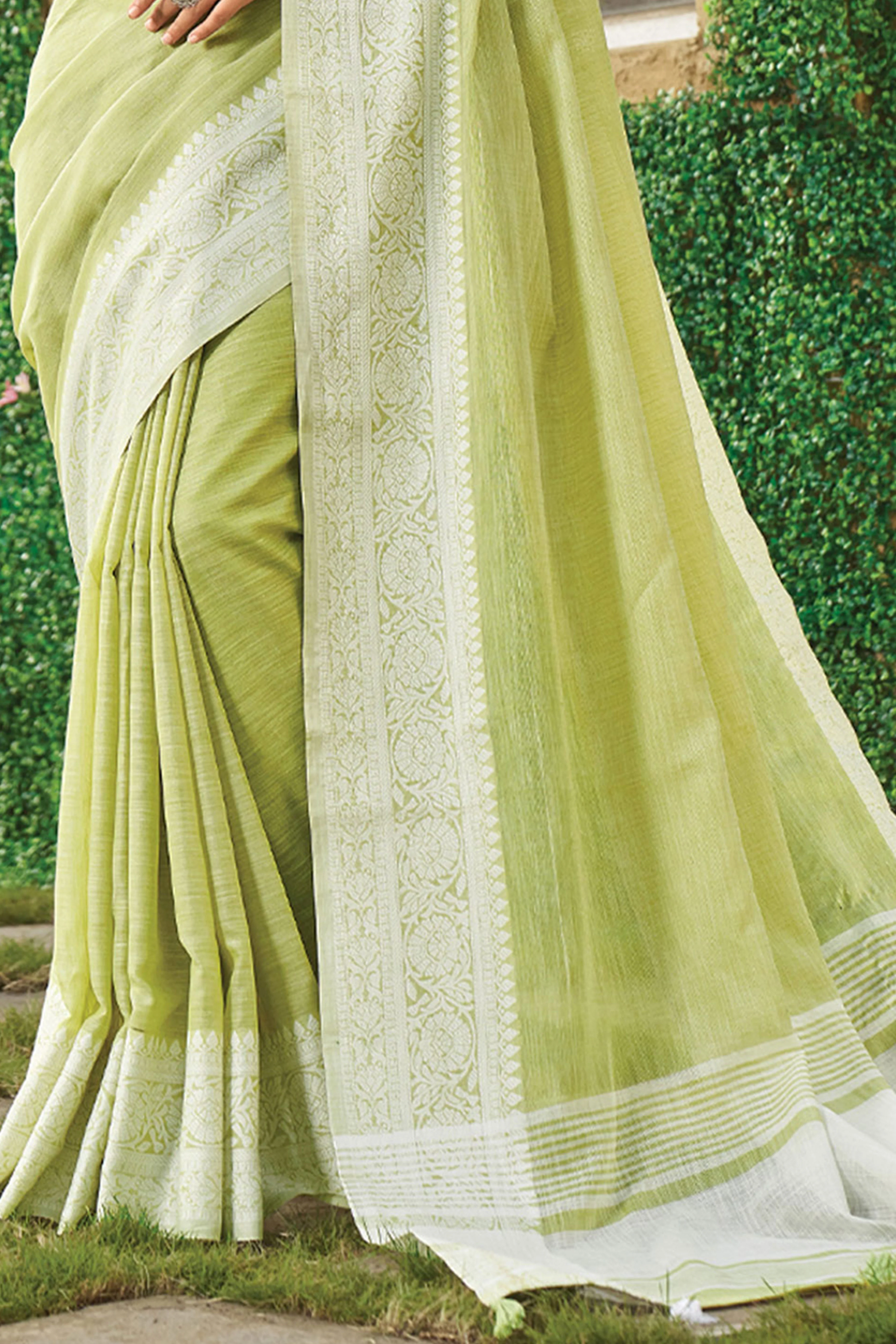 Lime Green Lightweight Linen Saree with Decorative Zari Border Weaving - Image 5