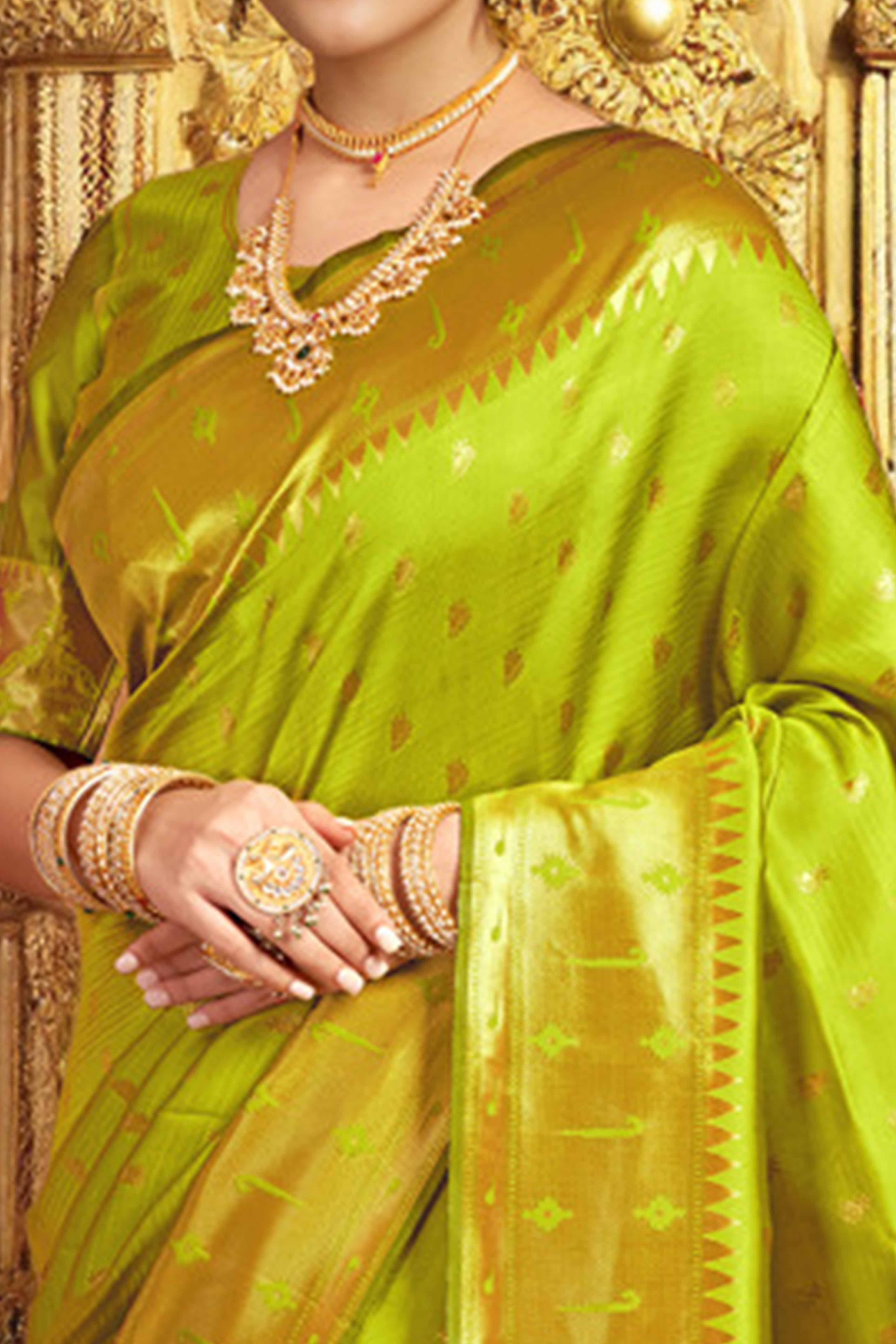 Lime Green Paithani Saree In Silk Blend Highlighted With Zari Woven Peacock & Floral Motifs - Image 2