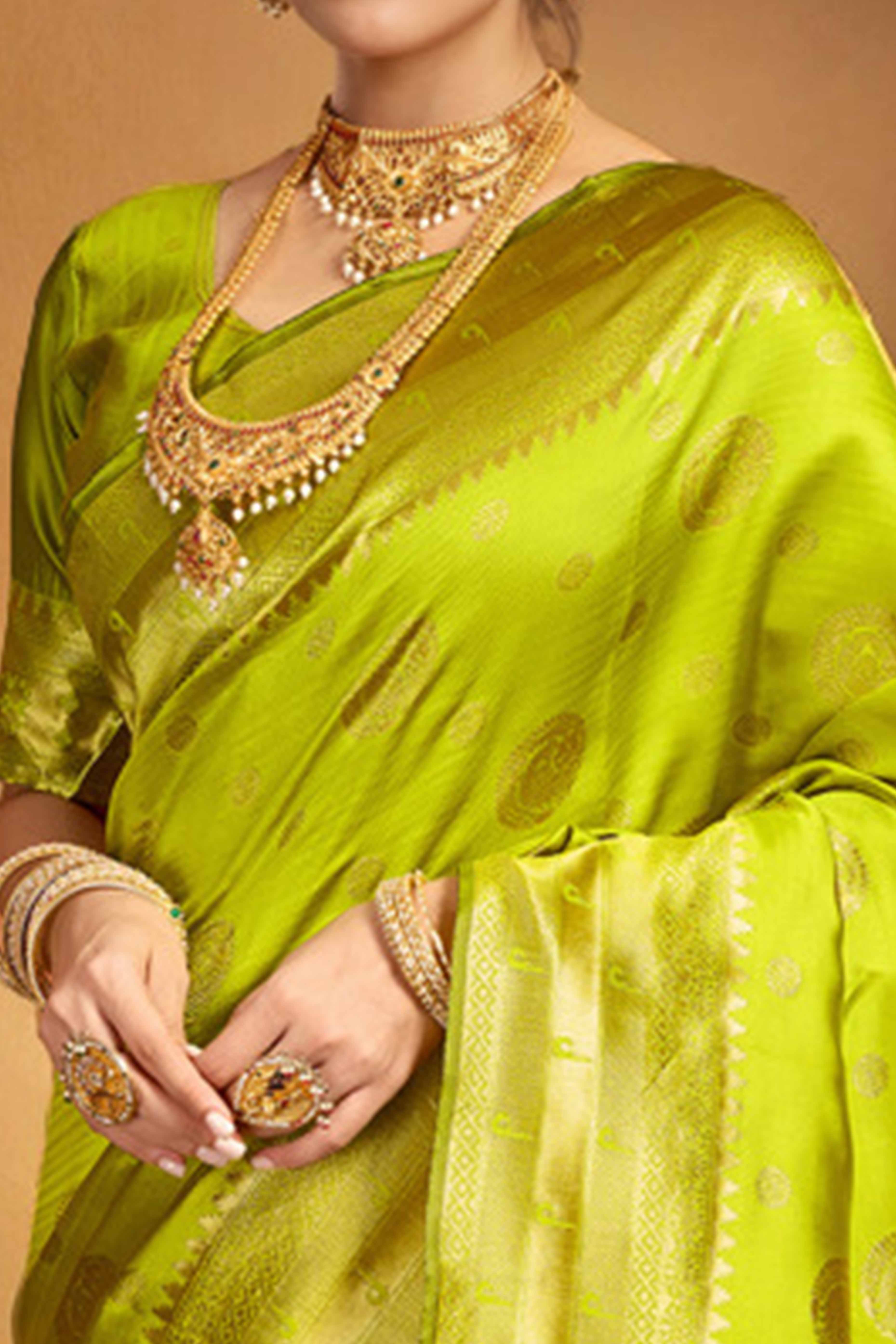 Lime Green Paithani Silk Blend Saree Embellished With Zari Peacock & Floral Woven Patterns - Image 2