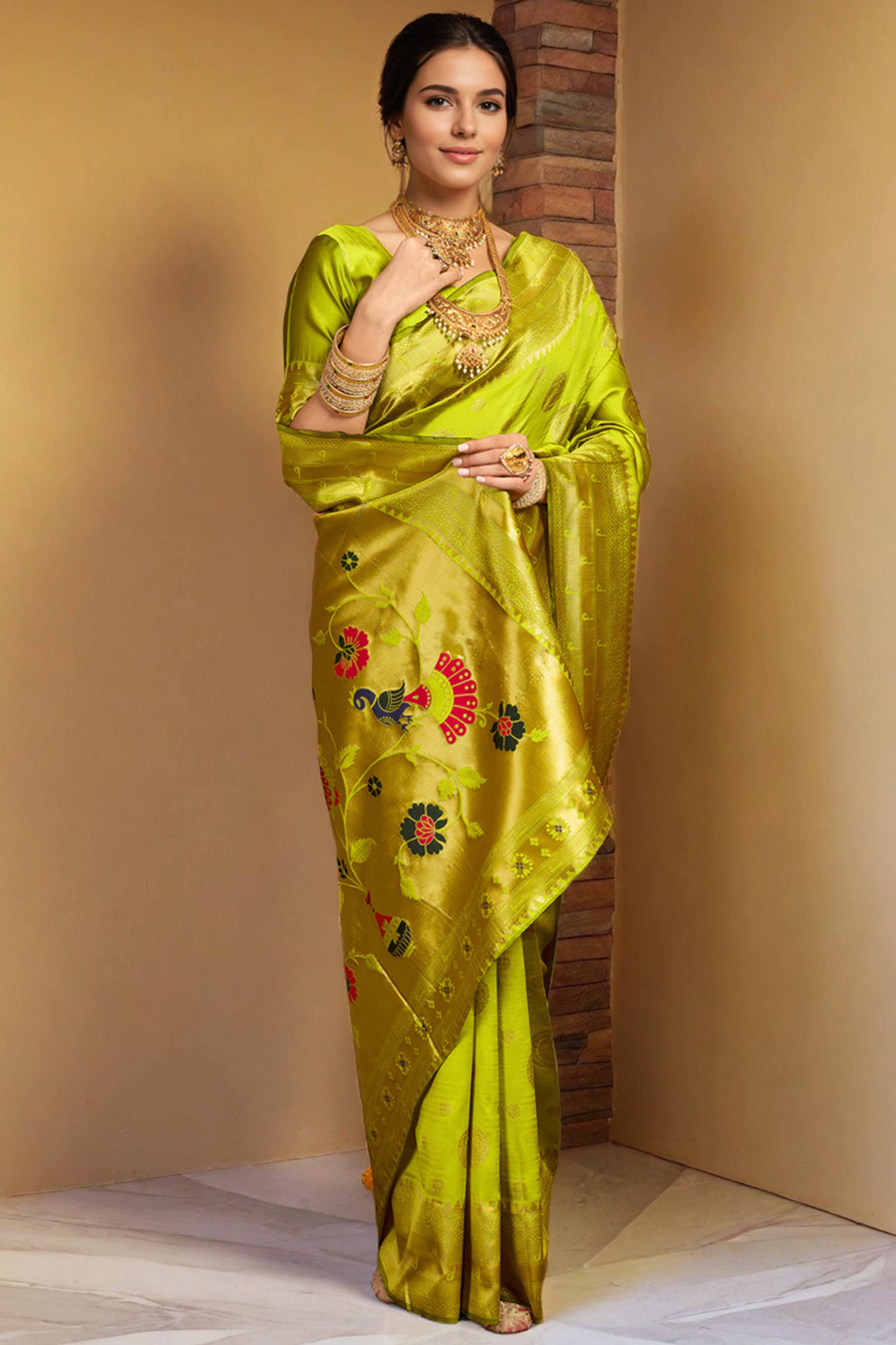 Lime Green Paithani Silk Blend Saree Embellished With Zari Peacock & Floral Woven Patterns - Image 3