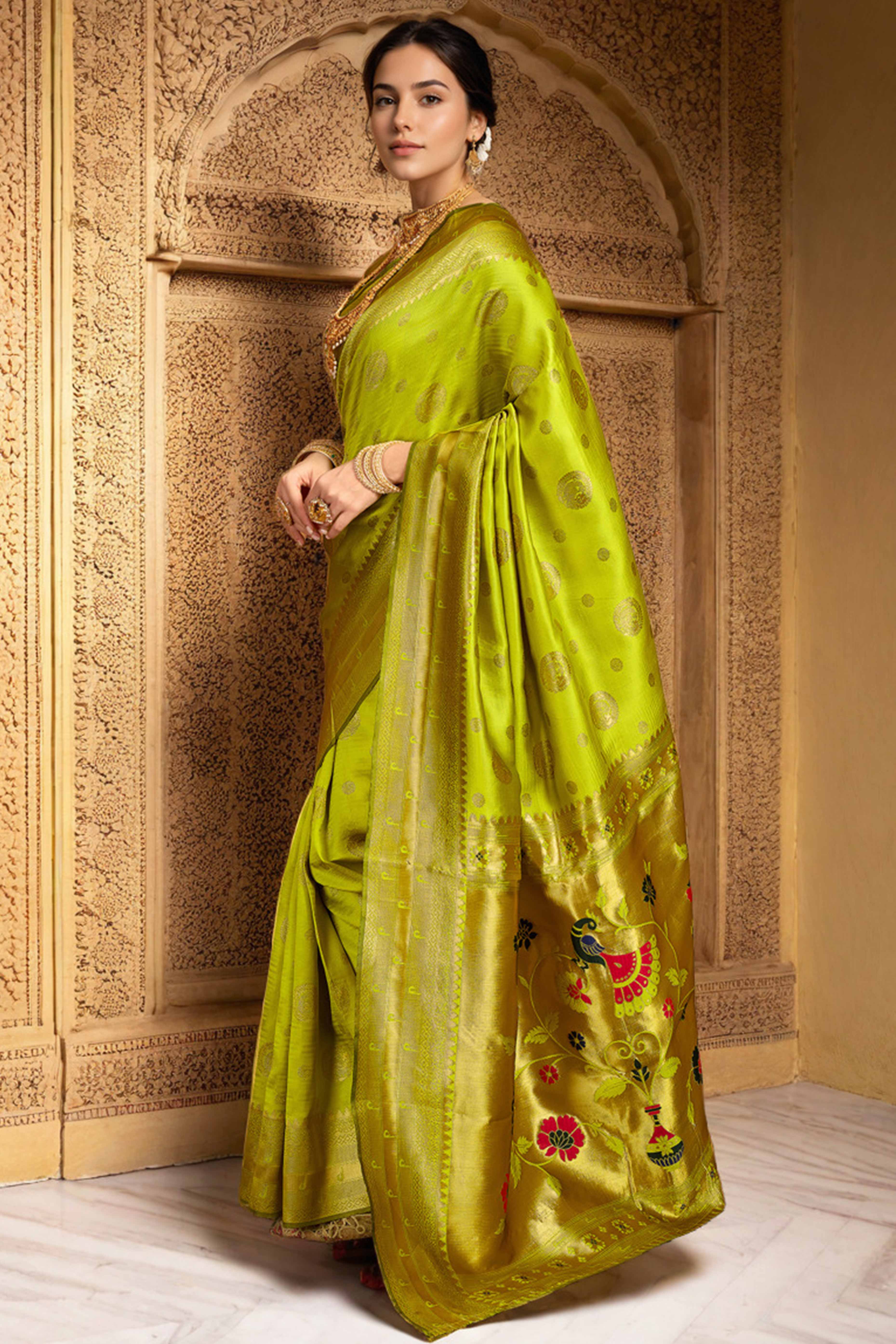 Lime Green Paithani Silk Blend Saree Embellished With Zari Peacock & Floral Woven Patterns - Image 4