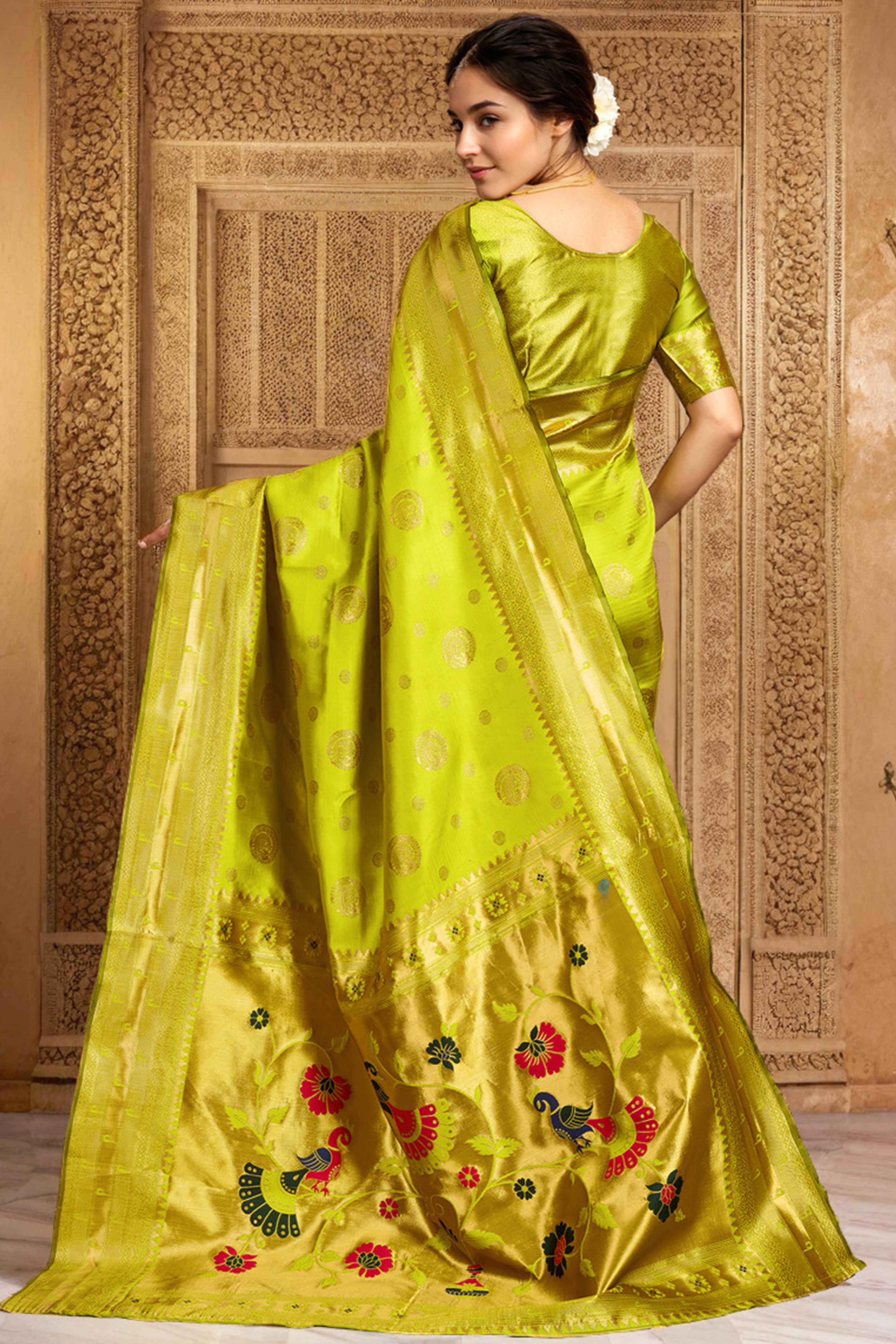 Lime Green Paithani Silk Blend Saree Embellished With Zari Peacock & Floral Woven Patterns - Image 5