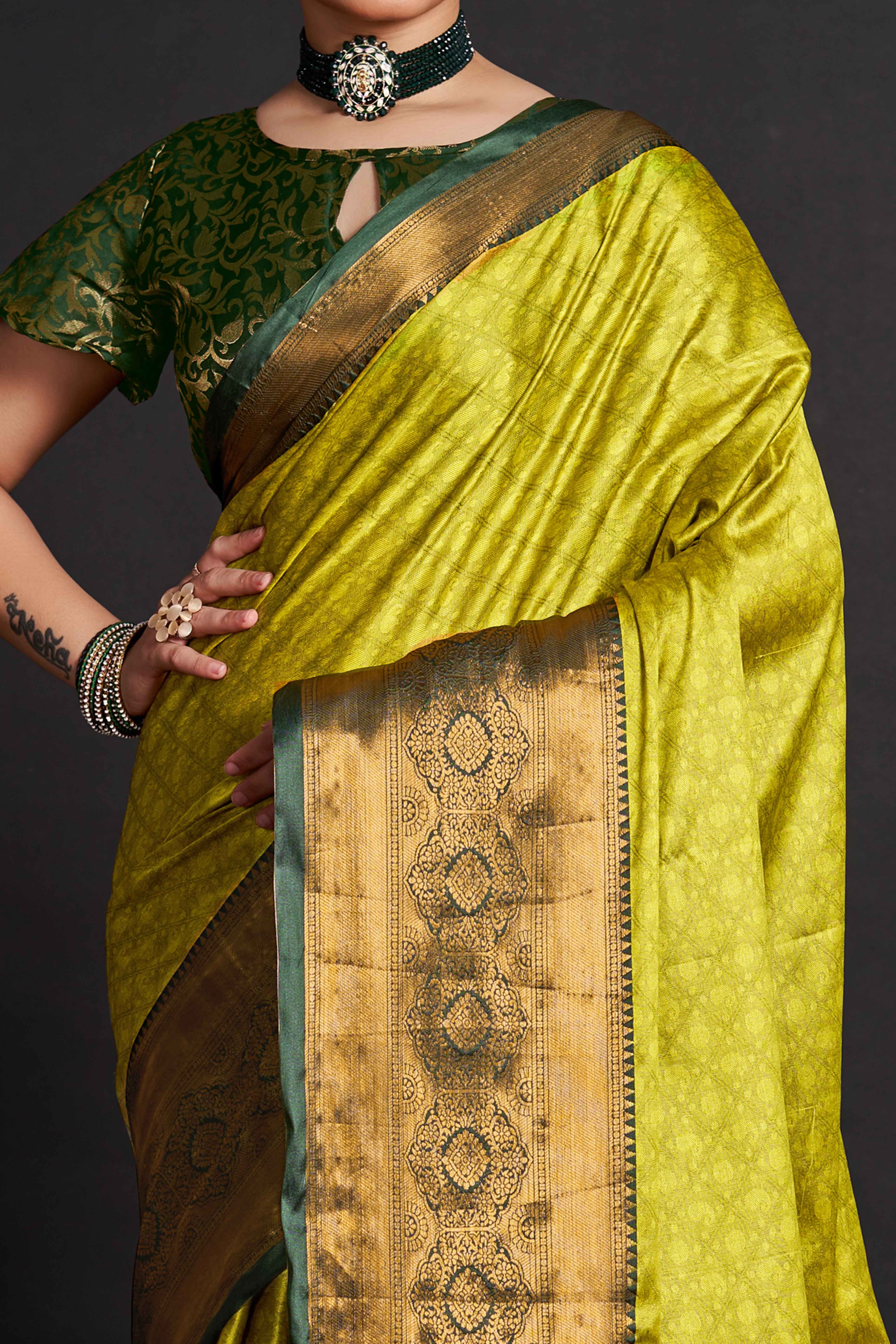 Lime Green Silk Blend Saree With Exquisite Zari Weaving & Graceful Tassels - Image 2