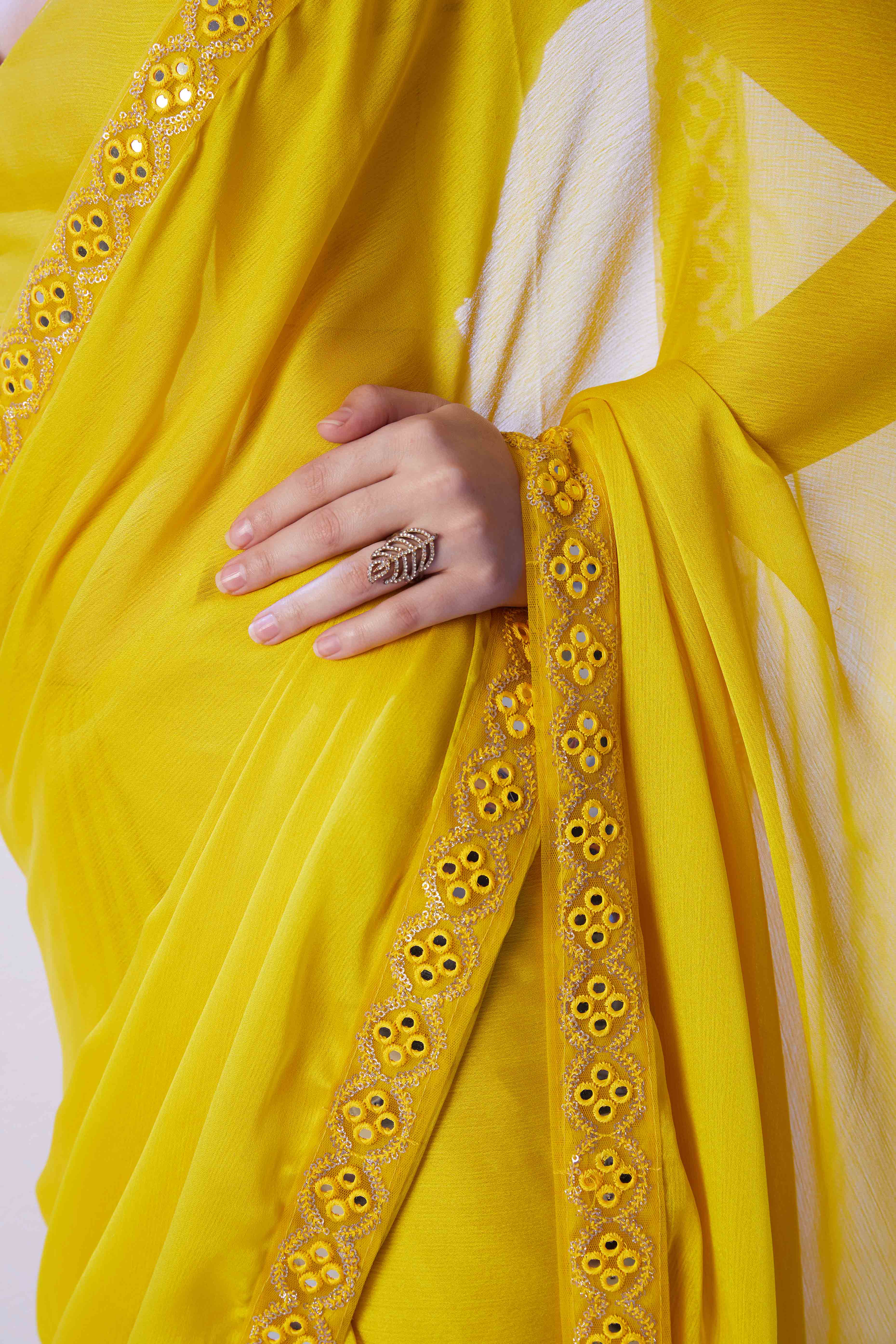 Lime Yellow Chiffon Solid Saree with Mirror Embroidery On Border - Image 8