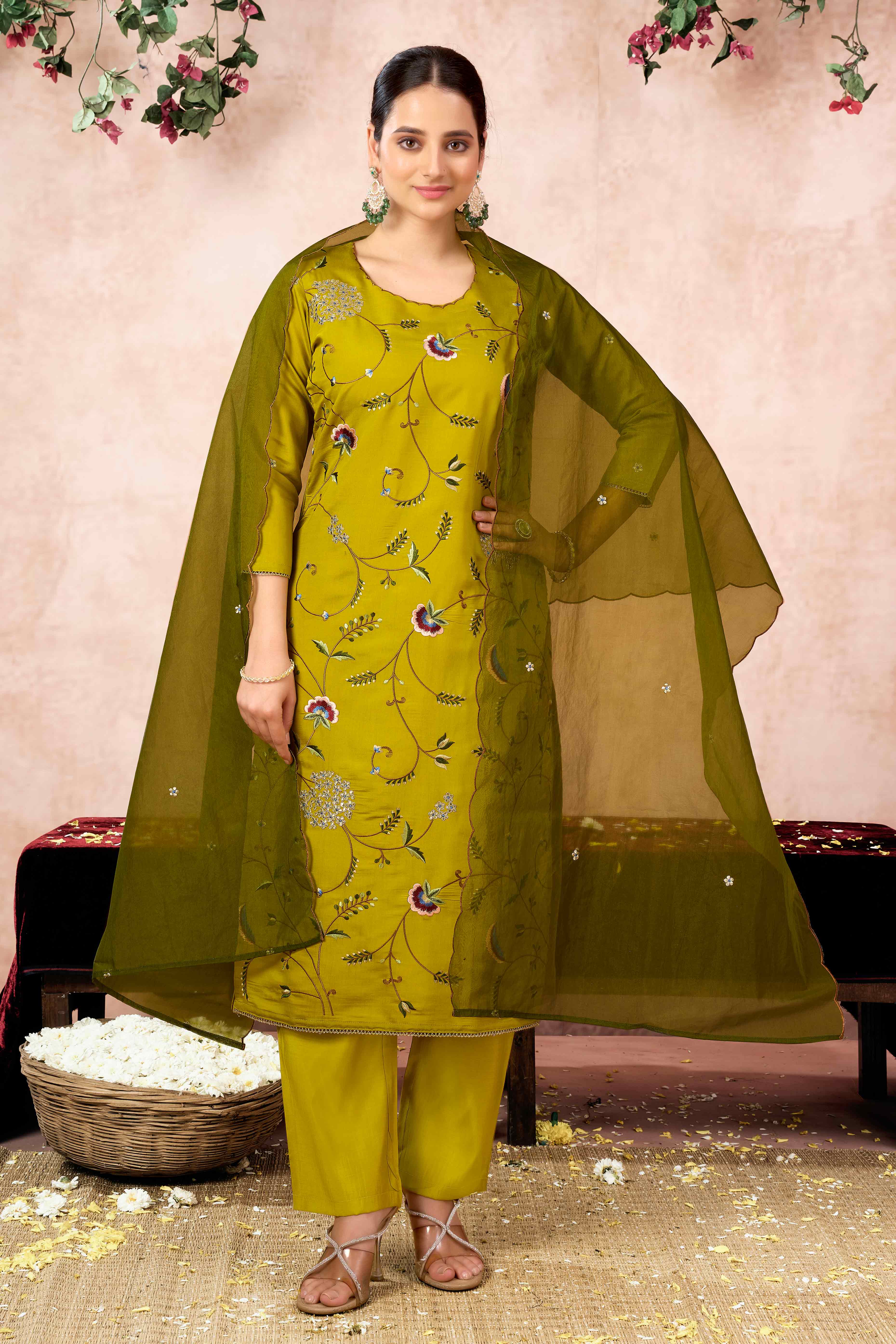 Lime Yellow Floral Embroidered Muslin Straight Salwar Suit - Image 3