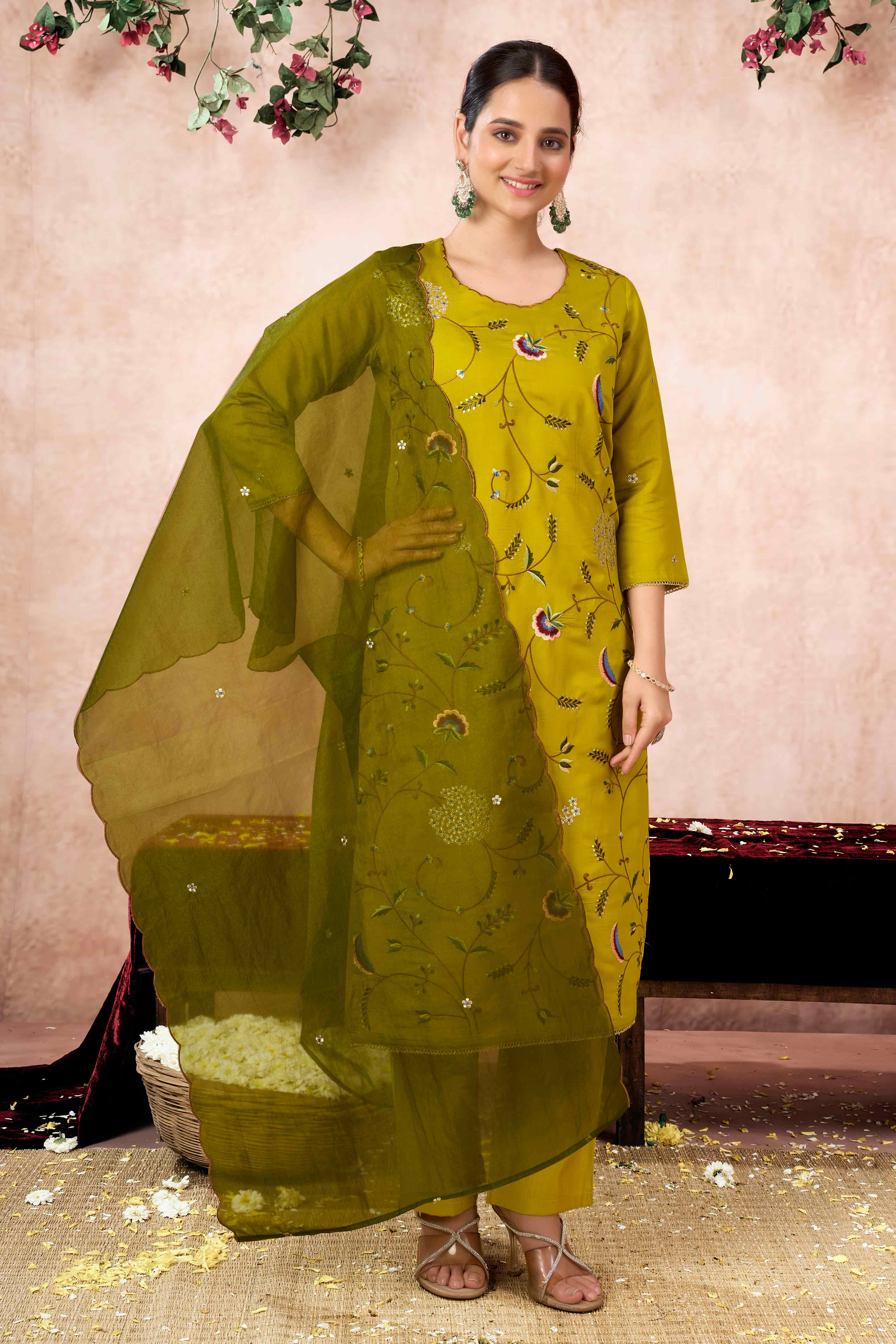 Lime Yellow Floral Embroidered Muslin Straight Salwar Suit - Image 4