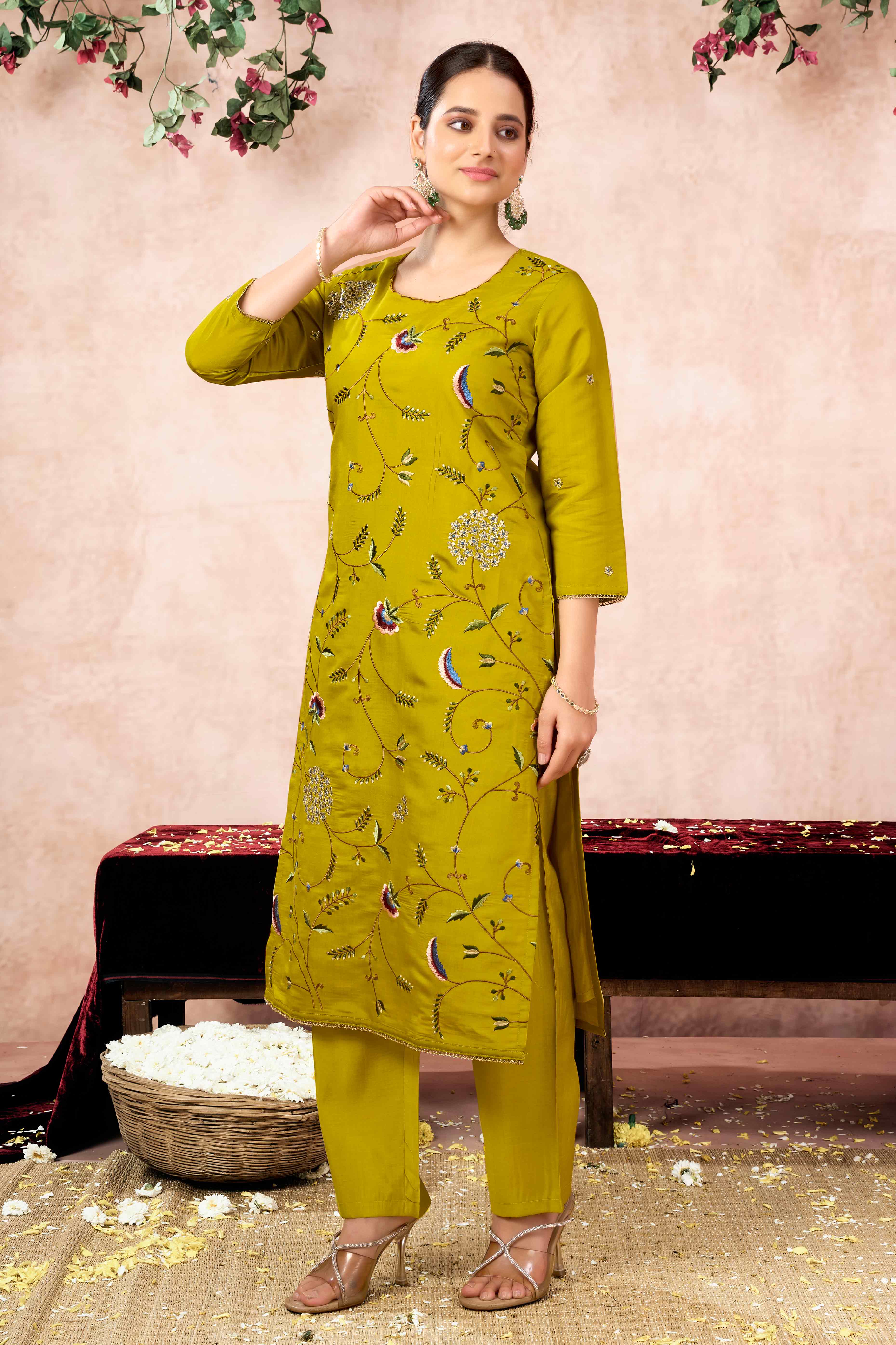 Lime Yellow Floral Embroidered Muslin Straight Salwar Suit - Image 5