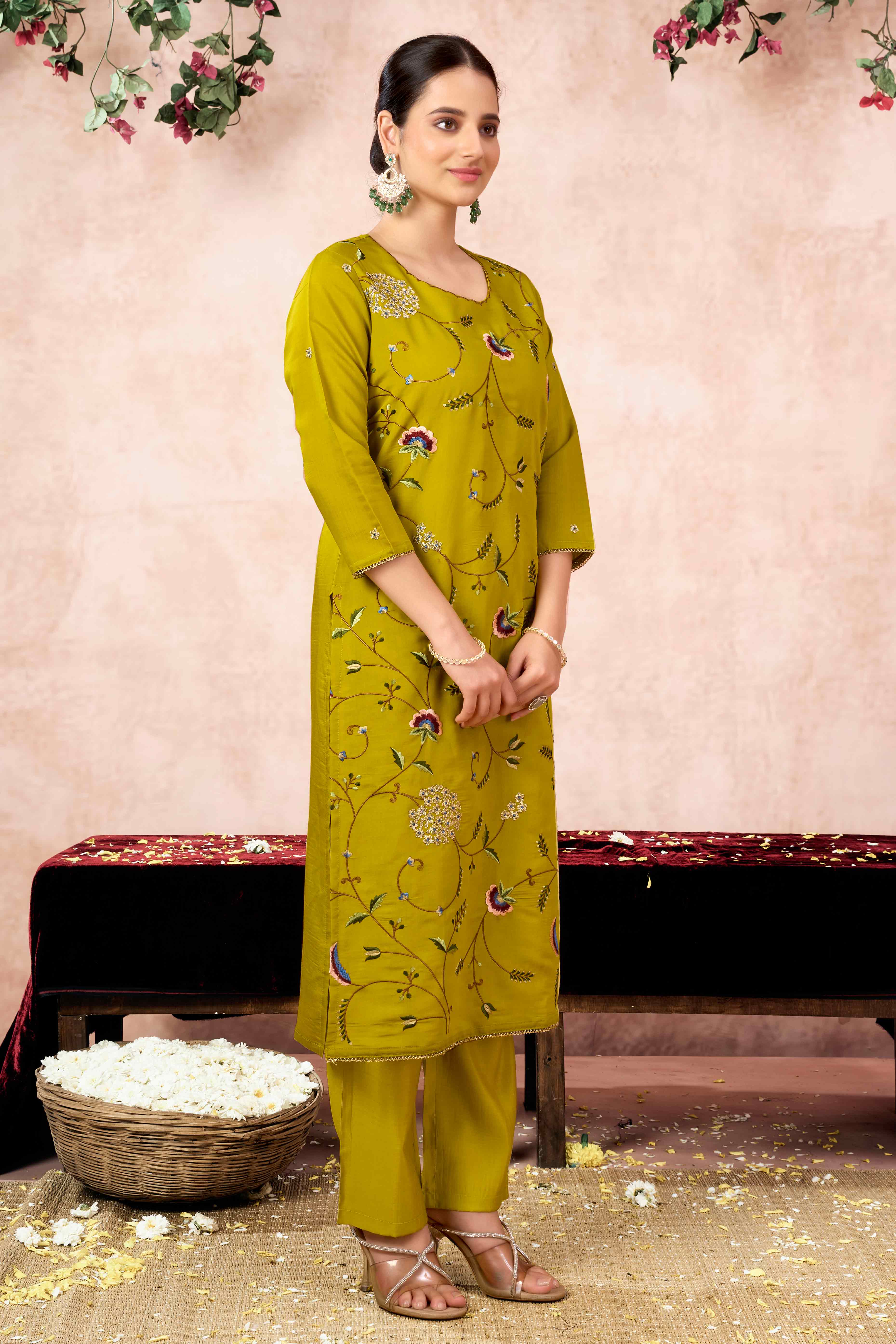 Lime Yellow Floral Embroidered Muslin Straight Salwar Suit - Image 6