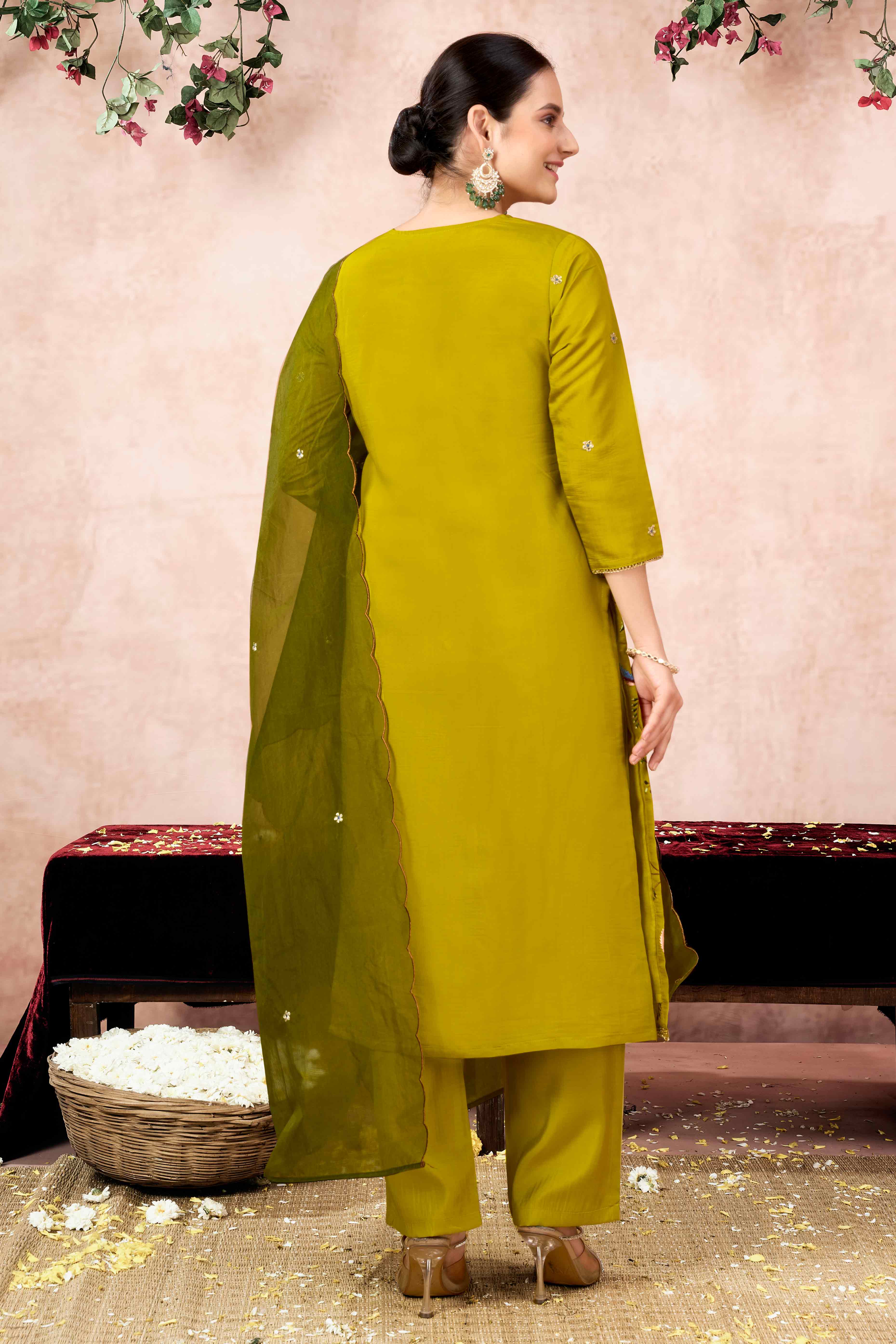 Lime Yellow Floral Embroidered Muslin Straight Salwar Suit - Image 7