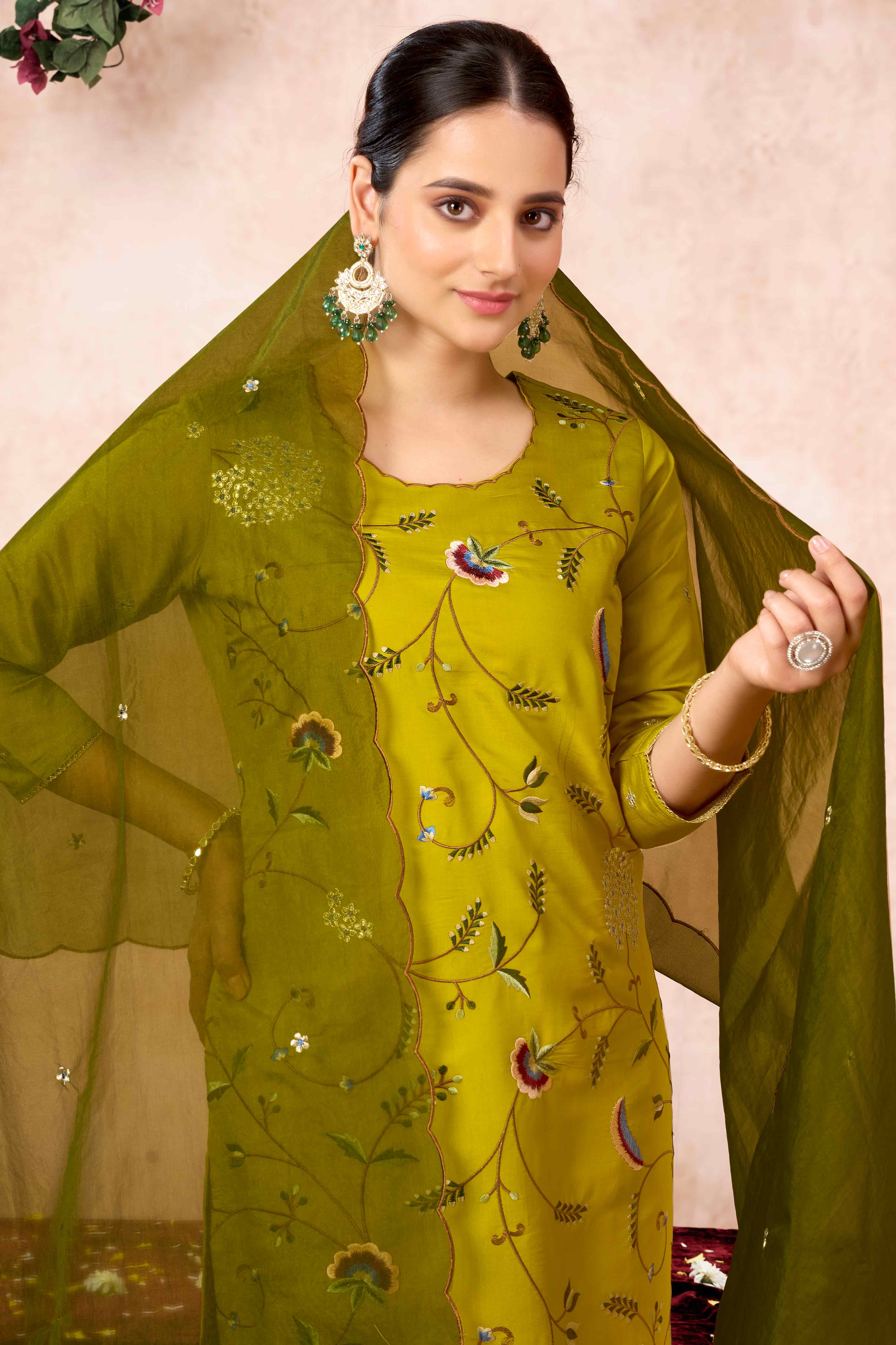Lime Yellow Floral Embroidered Muslin Straight Salwar Suit - Image 8