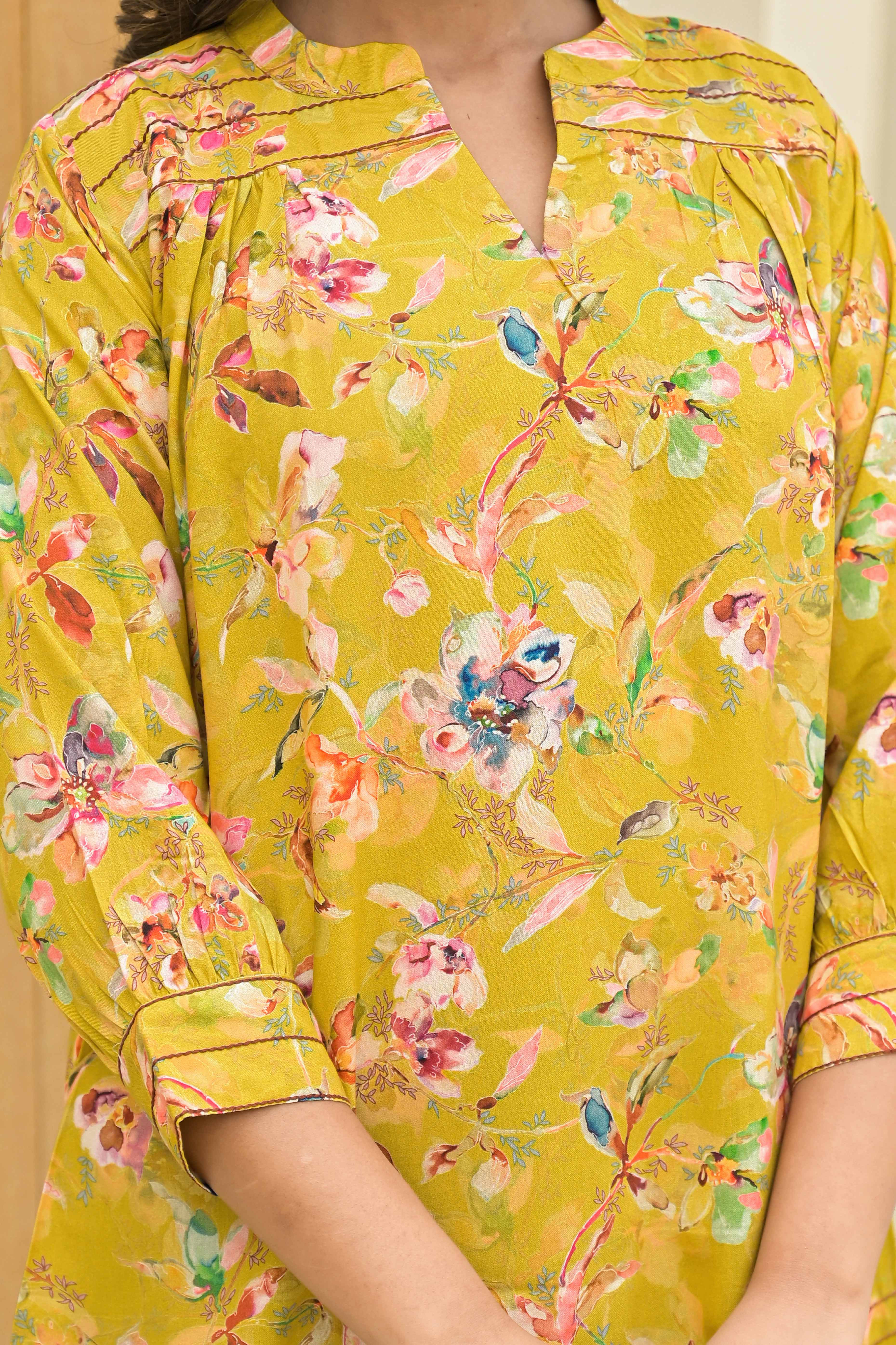 Lime Yellow Floral Printed Muslin Straight Top - Image 2