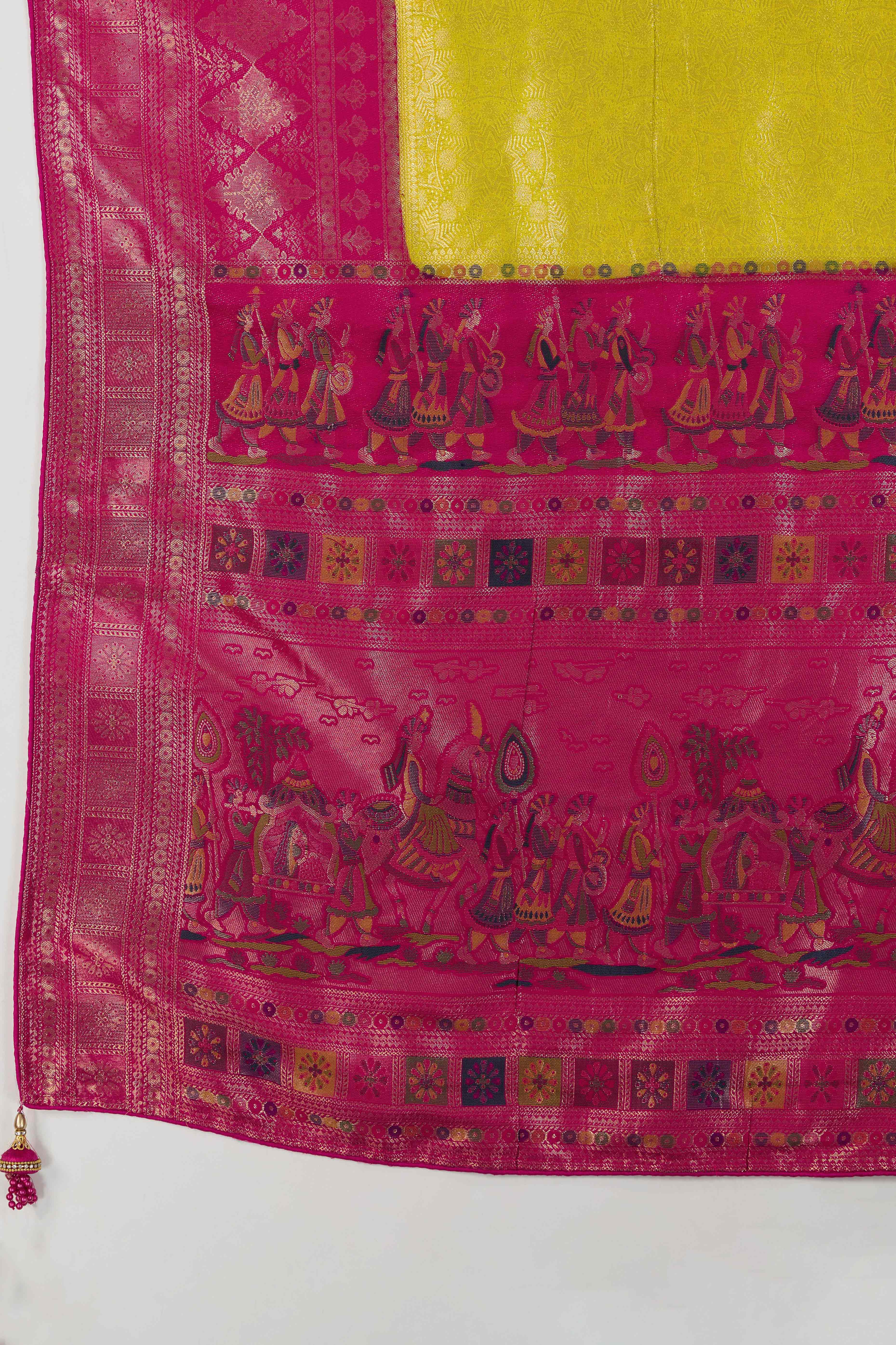 Lime Yellow Silk Kanjivaram Silk Saree Enhanced With Meenakari Weaving Borders - Image 8