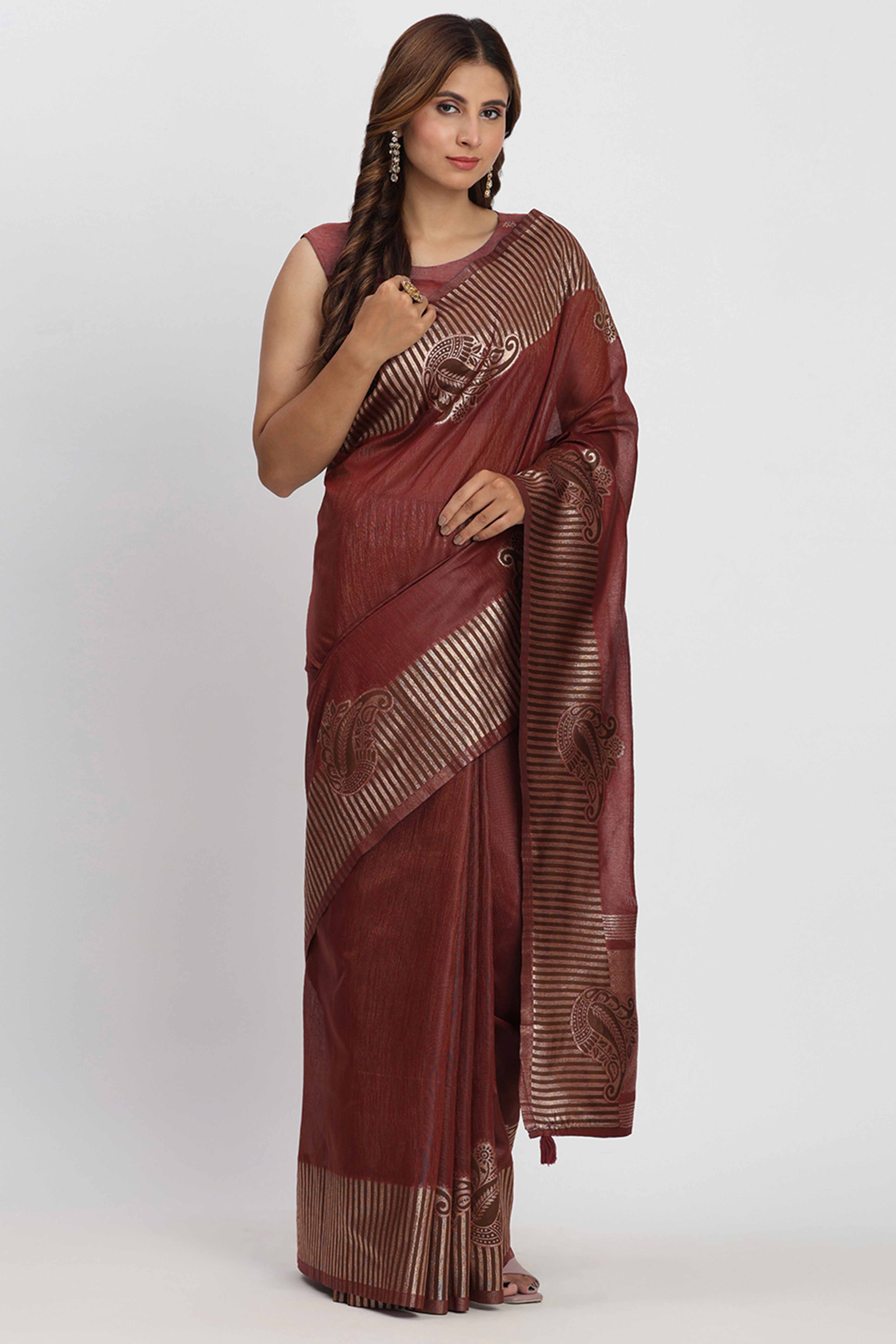 Linen Cotton Saree in Maroon Hue Featuring Rich Zari Weaving - Image 4