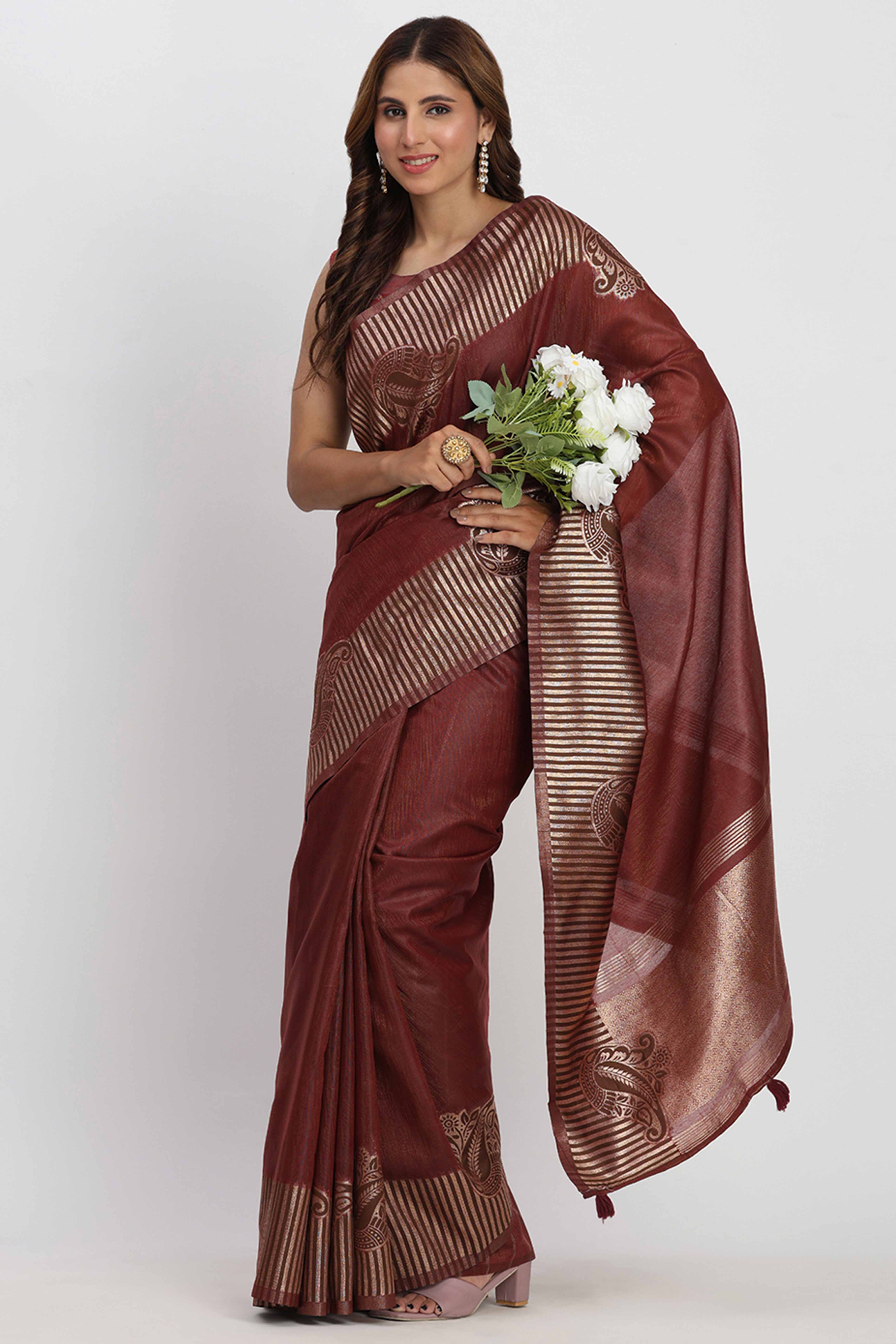 Linen Cotton Saree in Maroon Hue Featuring Rich Zari Weaving - Image 5