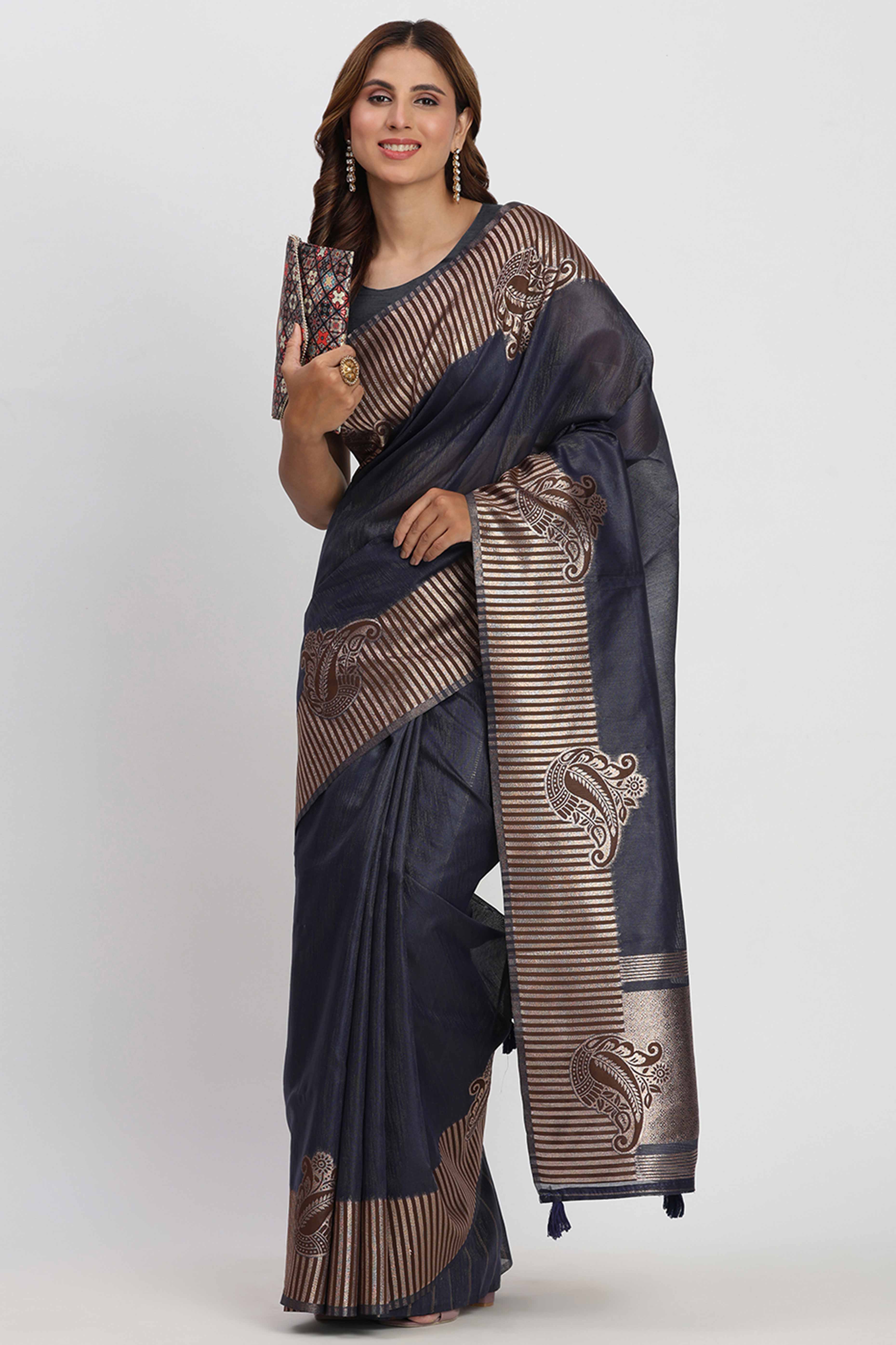 Linen Cotton Saree in Navy Blue Hue Featuring Rich Zari Weaving - Image 5