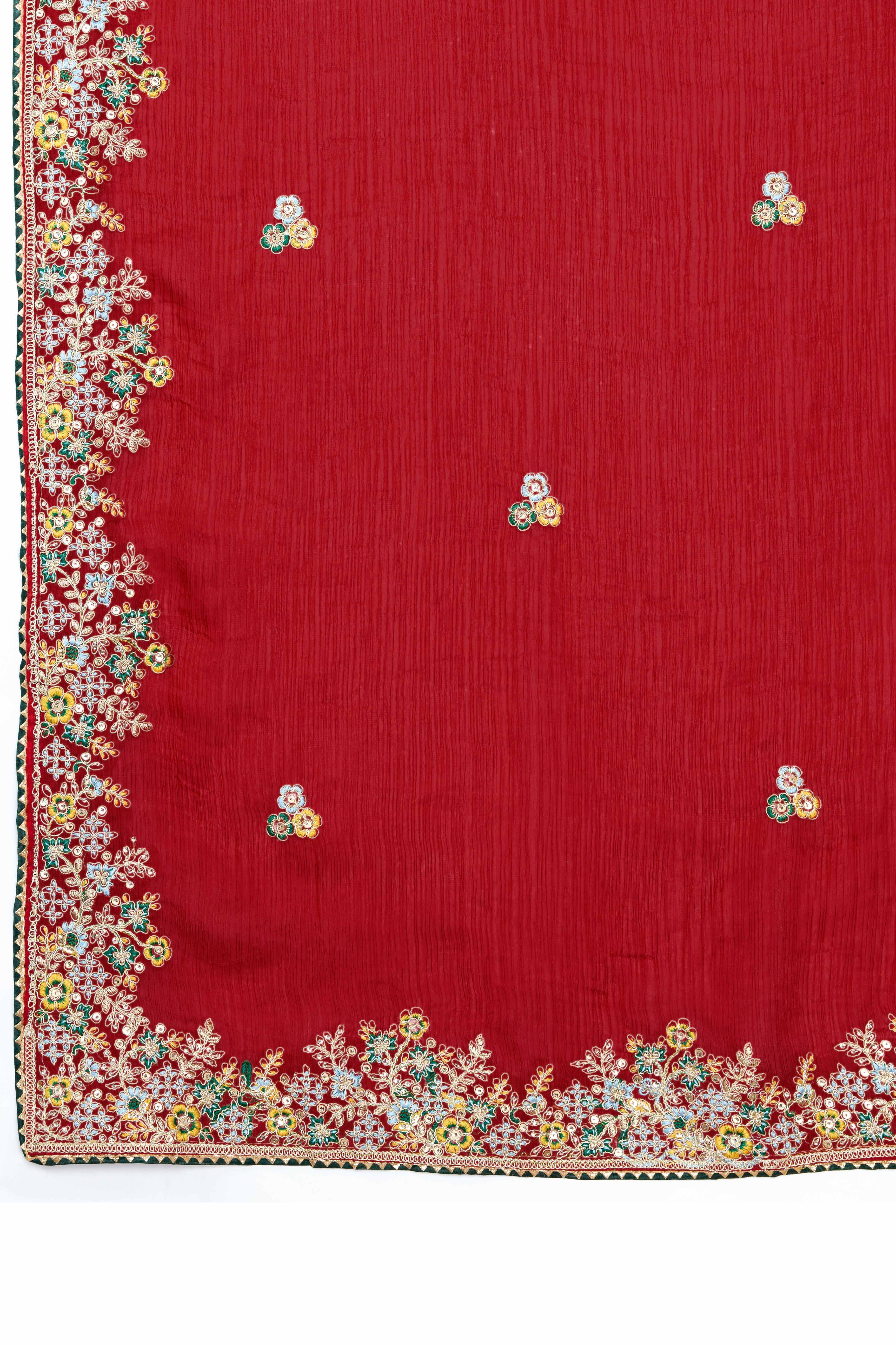 Luxe Frendy Chiffon Saree in Bold Red with Delicate Floral Embroidery - Image 8