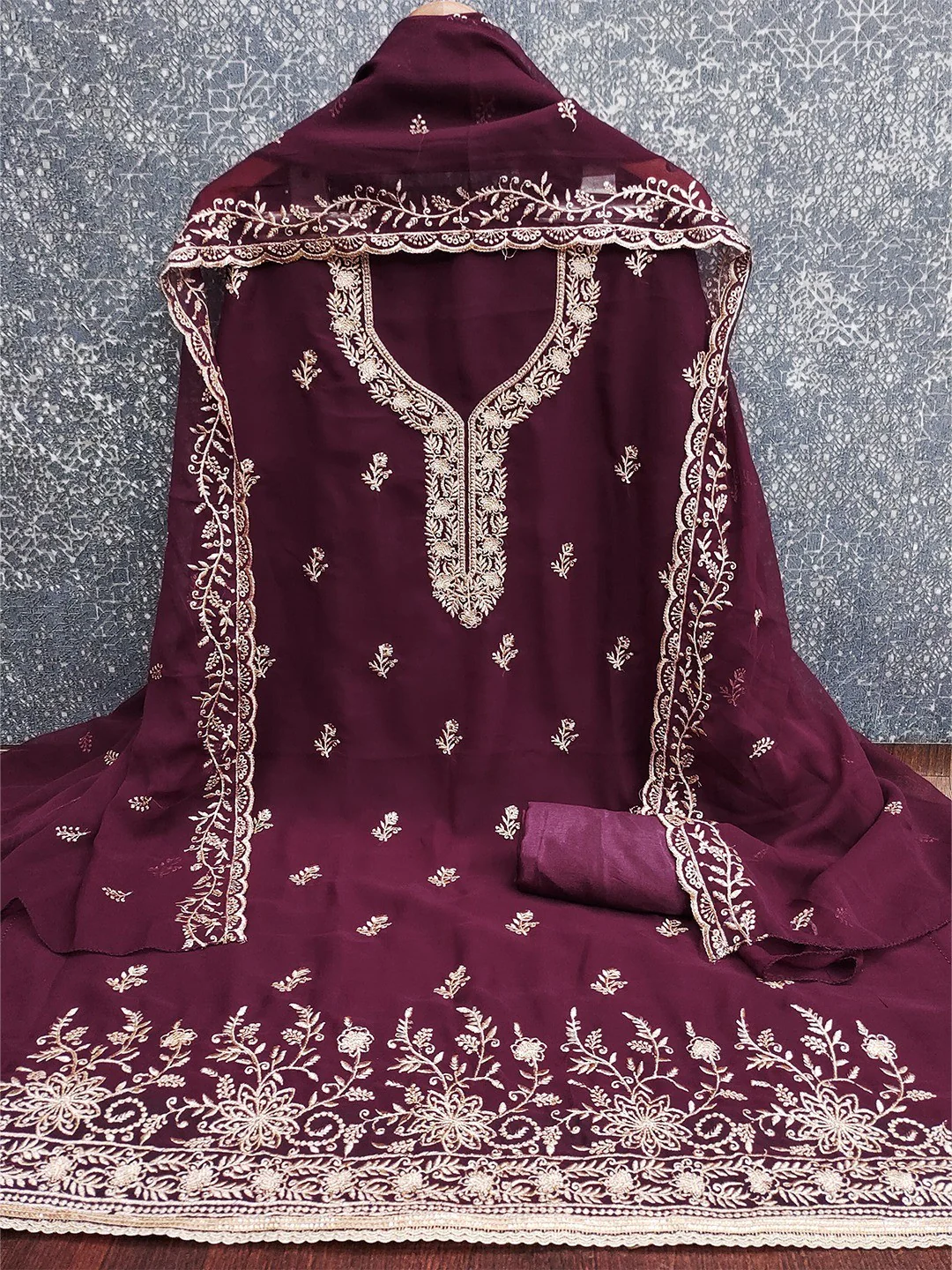 Luxe Wine Floral Zari Embroidered Georgette Dress Material With Fine Artistry - Image 3