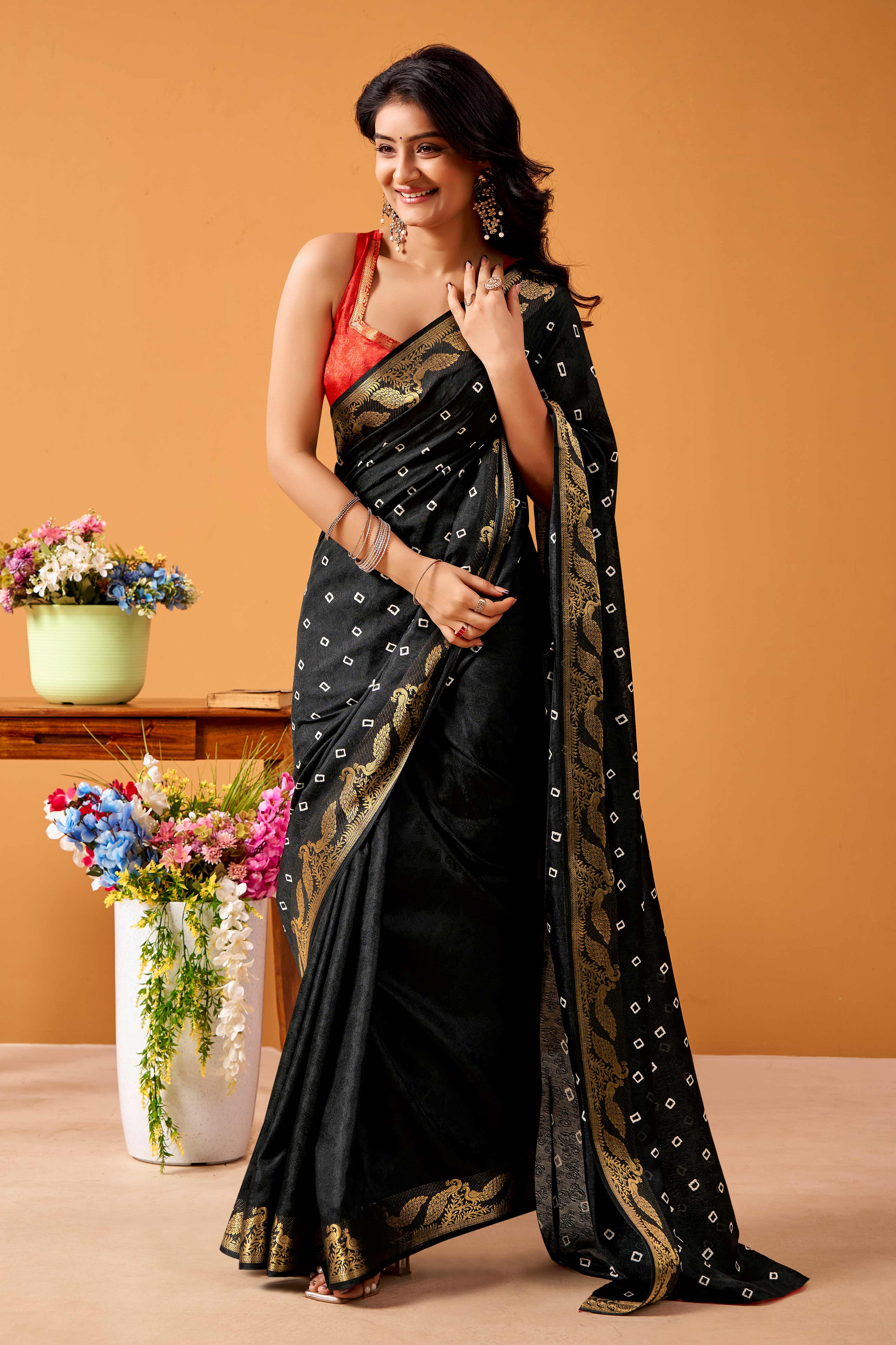 Luxurious Black Tussar Silk Saree Featuring Traditional Bandhani Print & Peacock Jacquard Border - Image 3