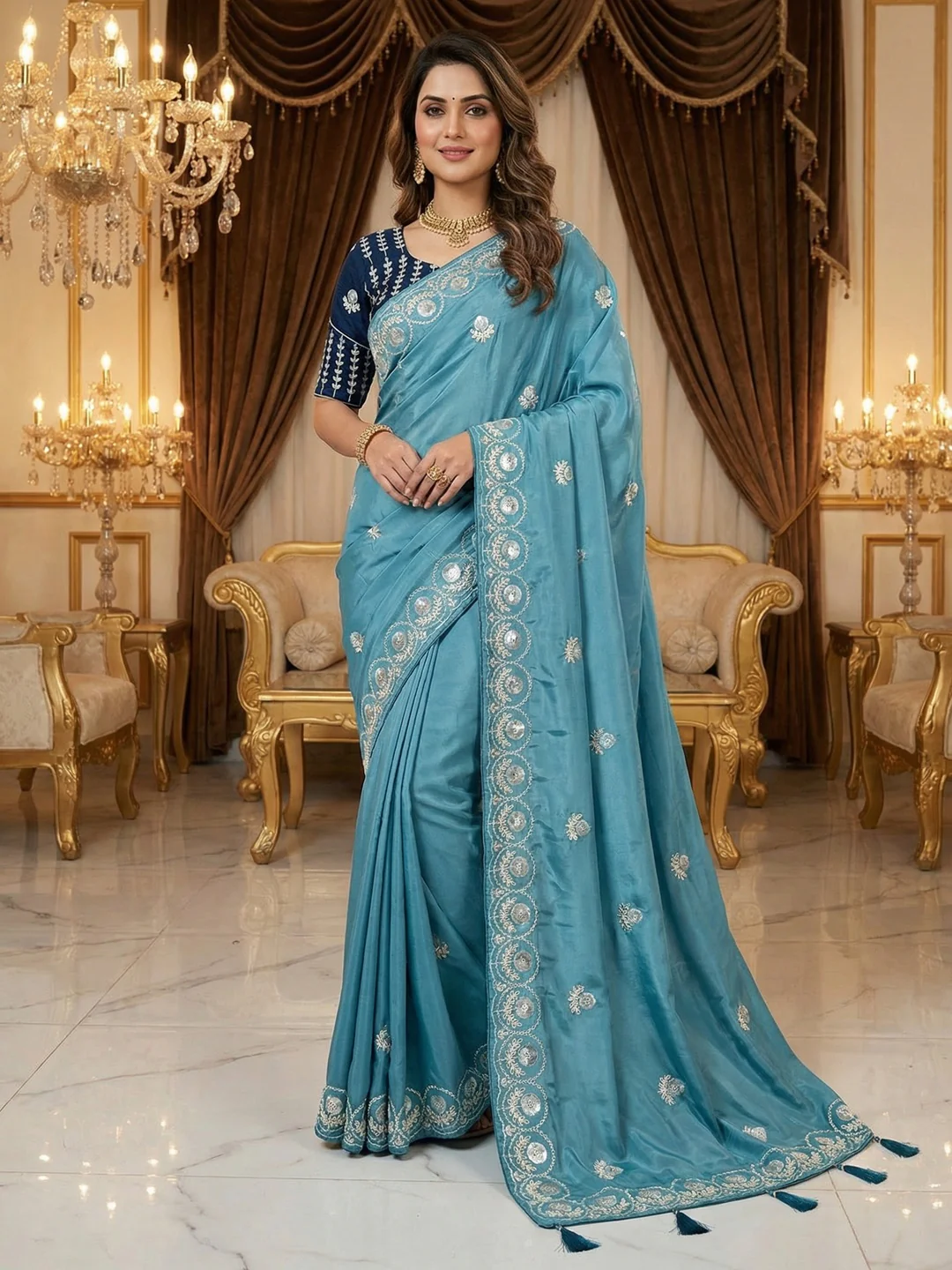 Luxurious Blue Crepe Saree Featuring Floral Sequins Embroidery & Designer Tassel Pallu