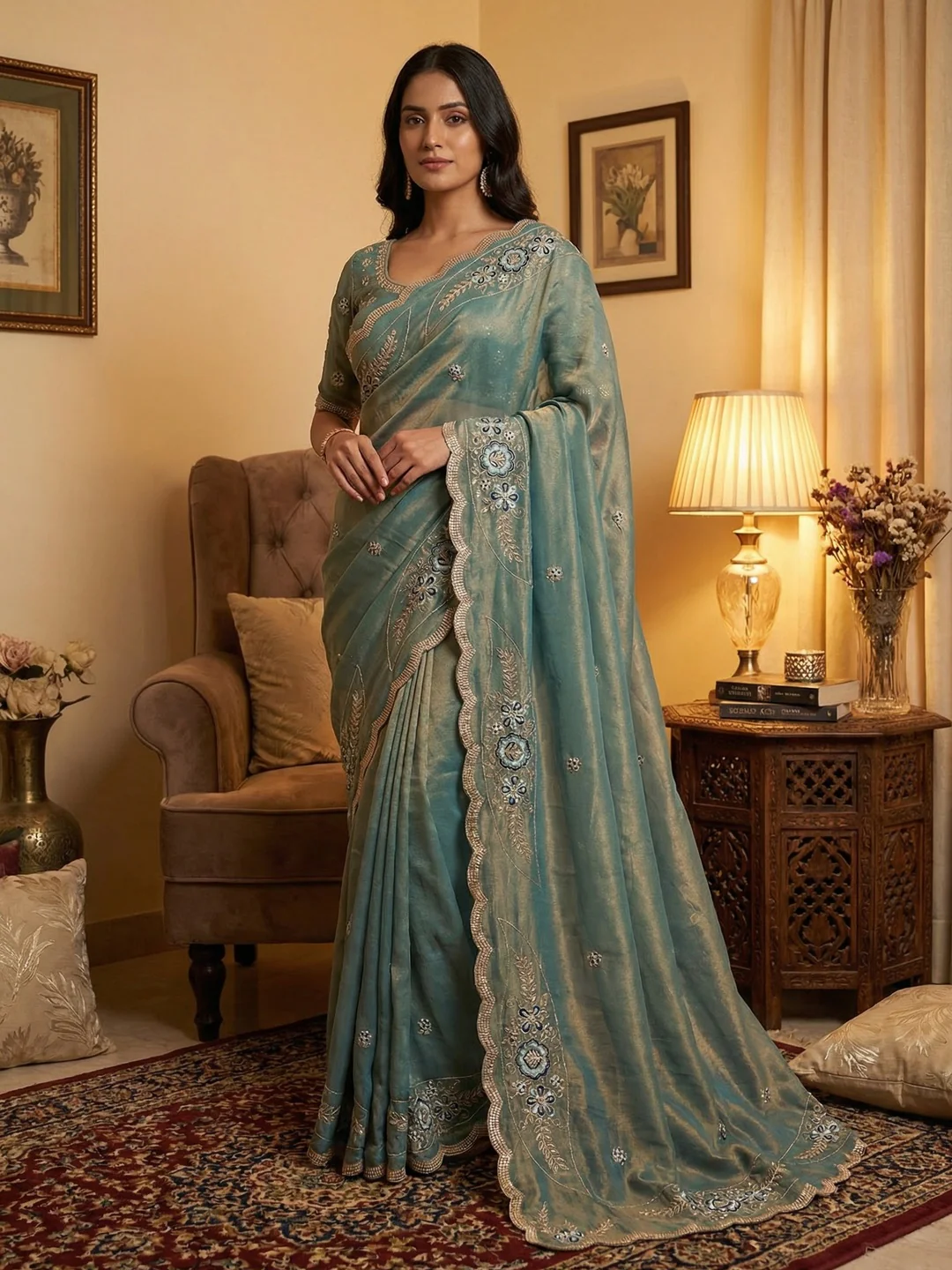 Luxurious Blue Floral Sequins Embroidered Moss Georgette Saree Accented With Zari Border