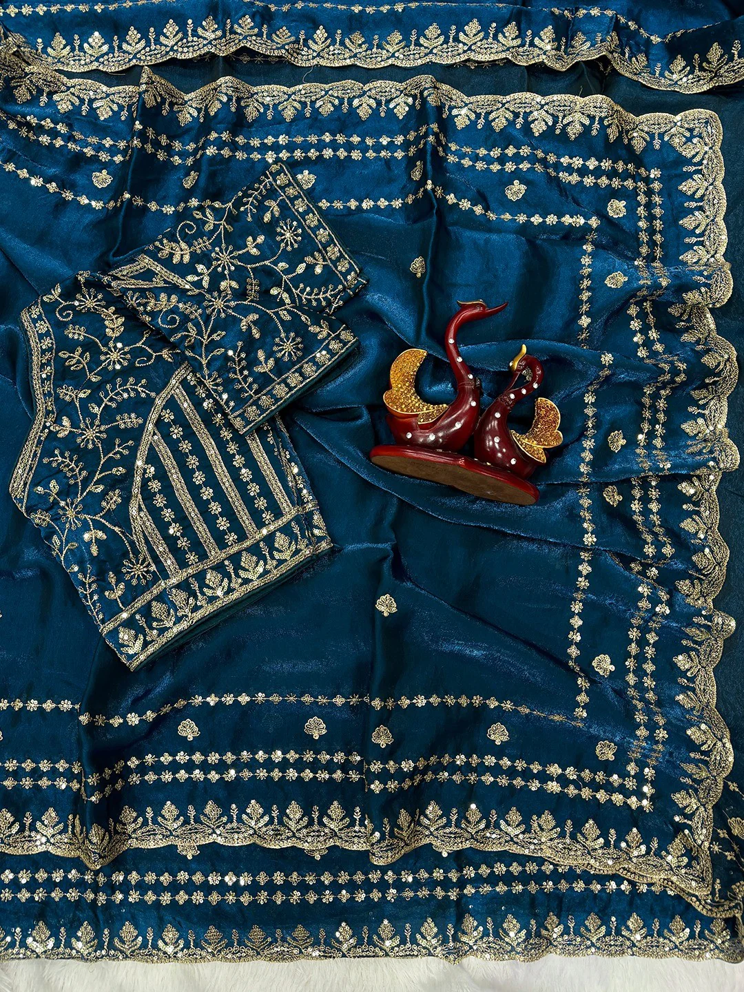 Luxurious Blue Floral Zari Embroidered Satin Saree Accented With Fine Sequins Work - Image 2