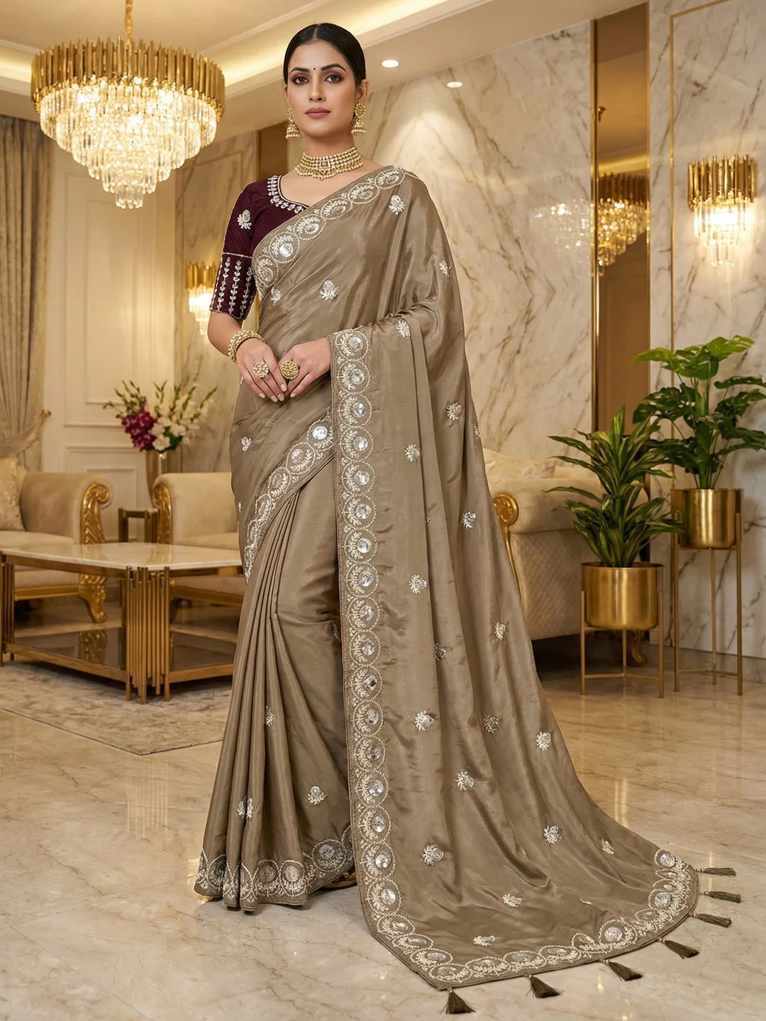 Luxurious Brown Crepe Saree Featuring Floral Sequins Embroidery & Designer Tassel Pallu