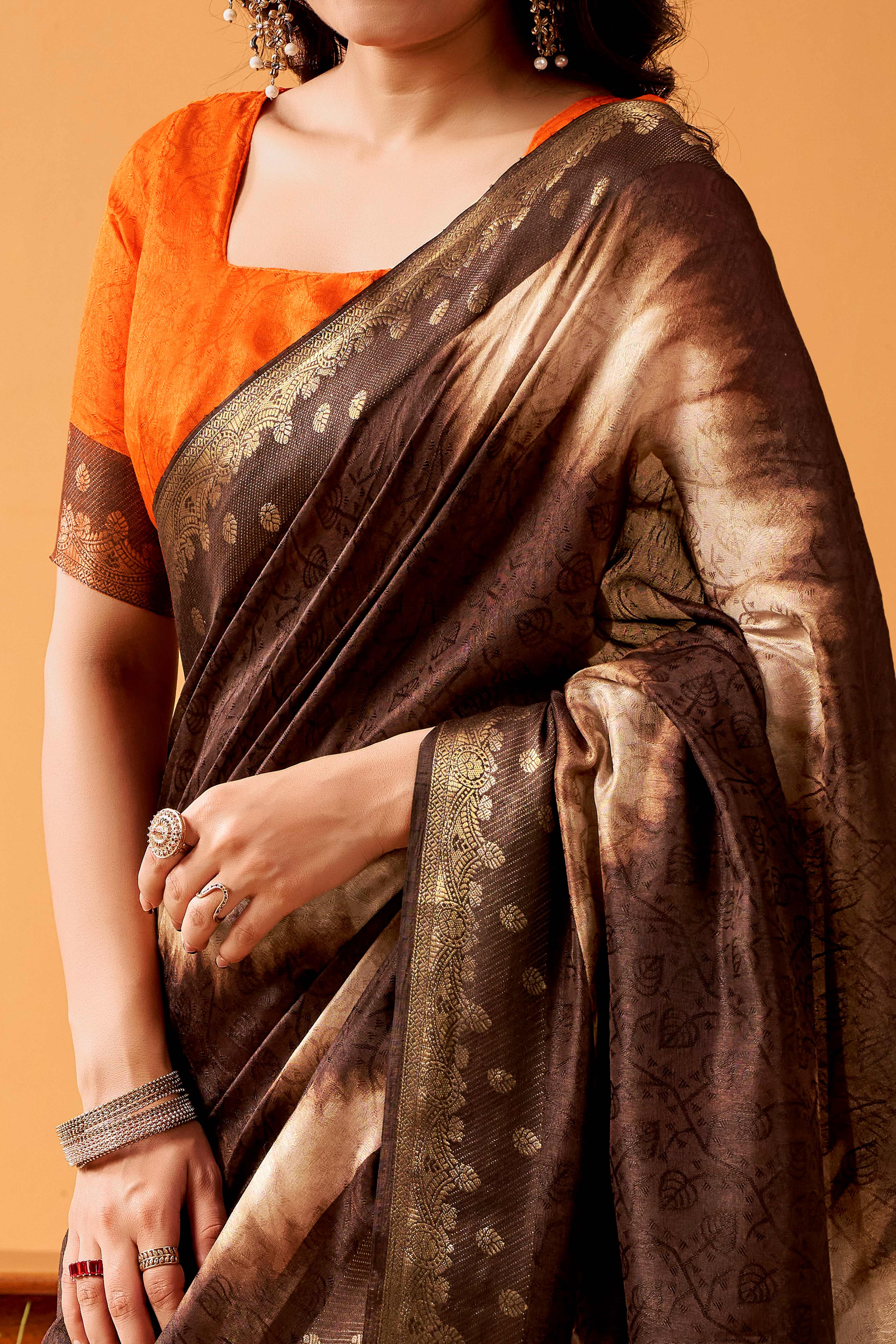 Luxurious Brown Tussar Silk Saree Featuring Traditional Abstract Print & Peacock Jacquard Border - Image 2