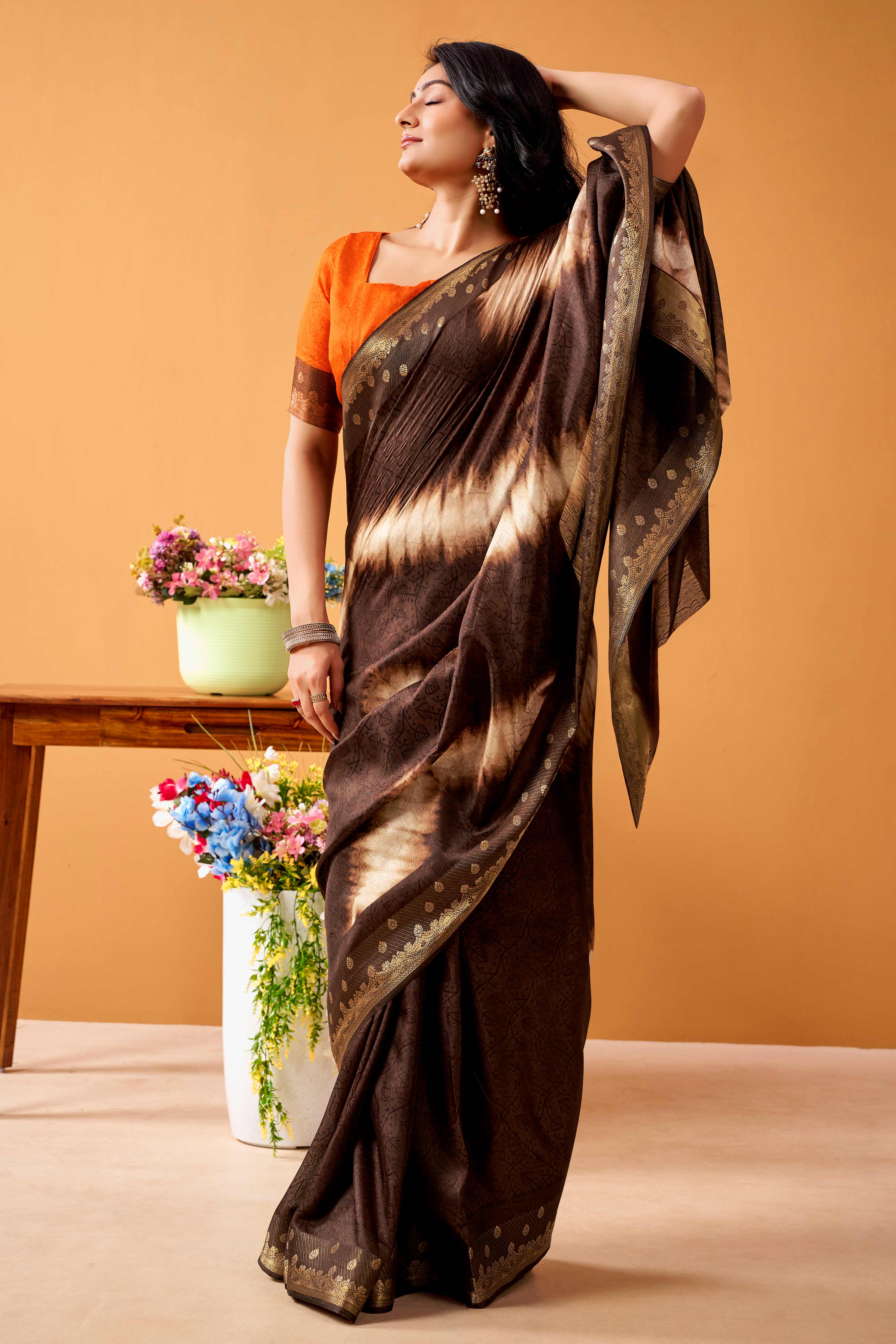 Luxurious Brown Tussar Silk Saree Featuring Traditional Abstract Print & Peacock Jacquard Border - Image 3