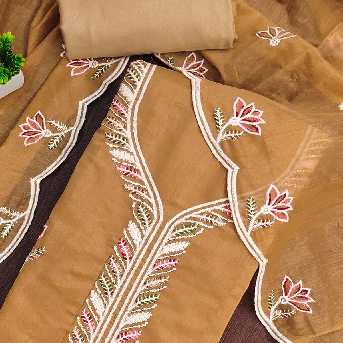 Luxurious Chikoo Chanderi Cotton Dress Material With Floral Thread Embroidery & Sequins - Image 2