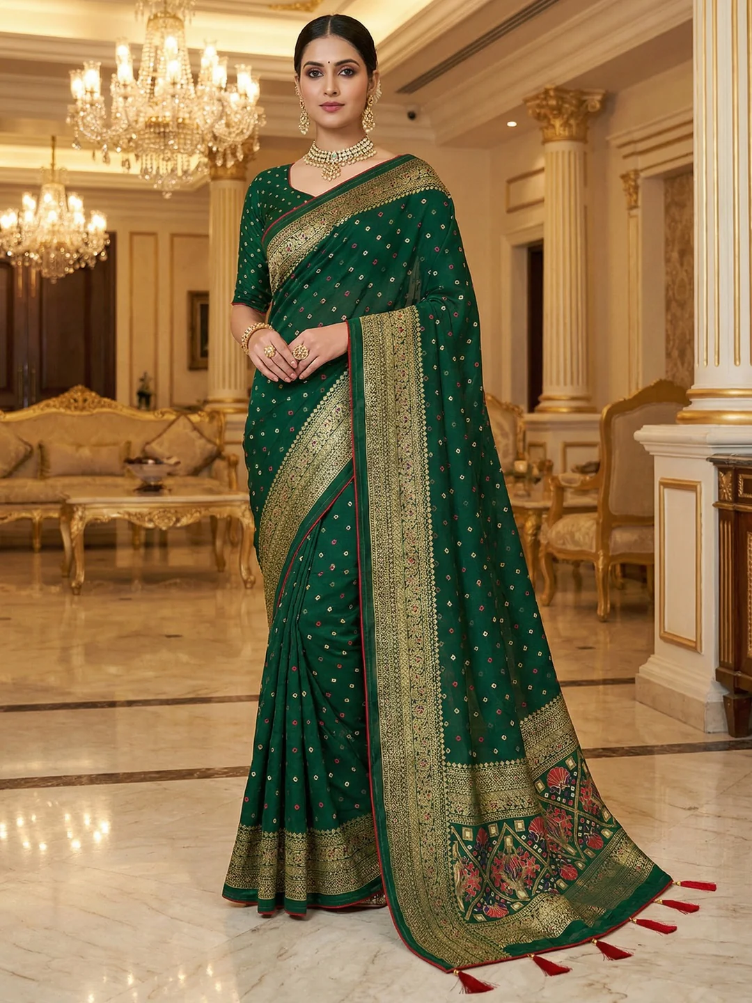 Luxurious Dark Green Bandhani Foil Printed Viscose Saree for Traditional Functions and Parties