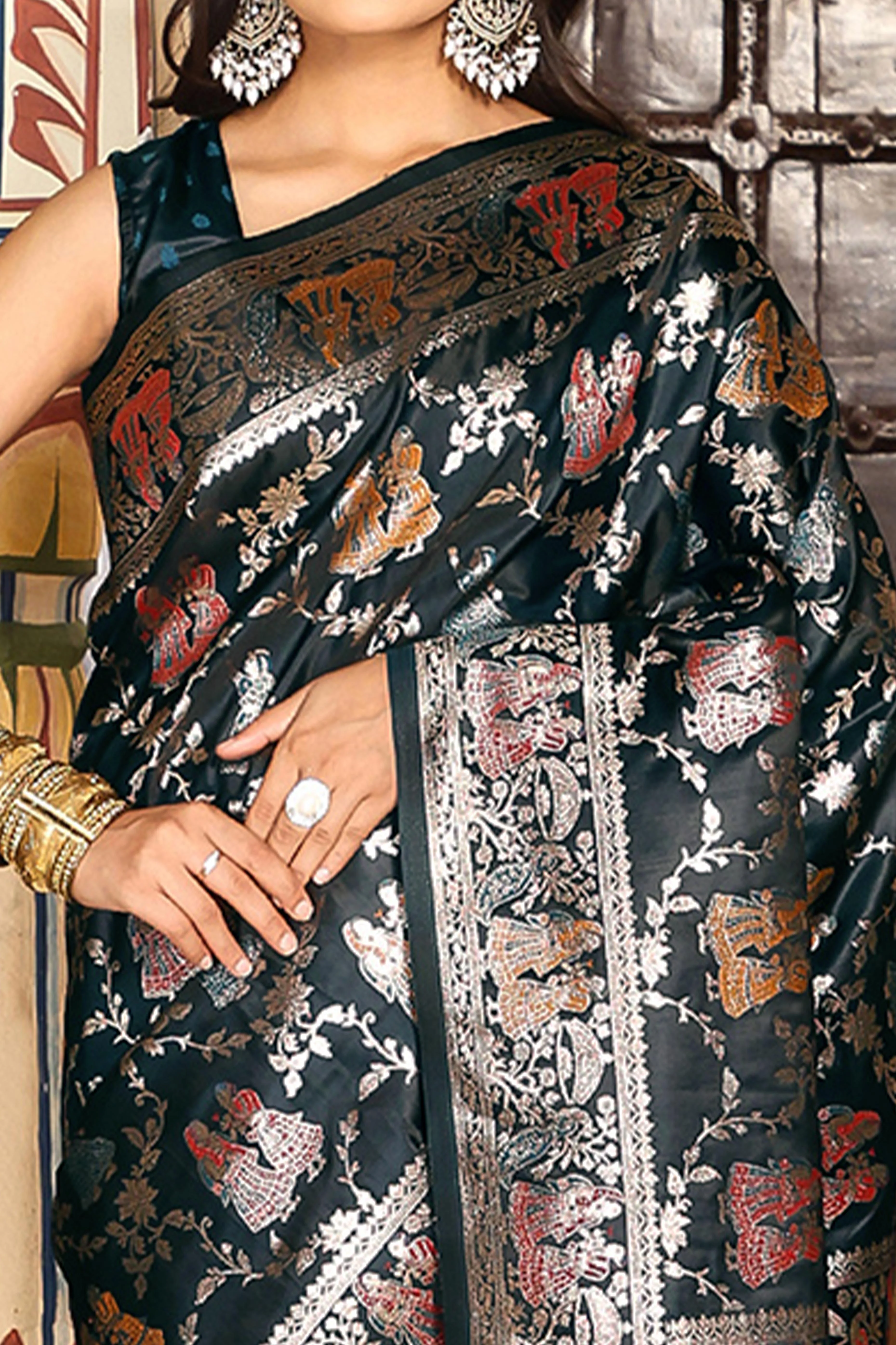 Luxurious Dark Teal Silk Blend Saree With Intricate Floral Zari Weaving & Tassel Pallu - Image 2